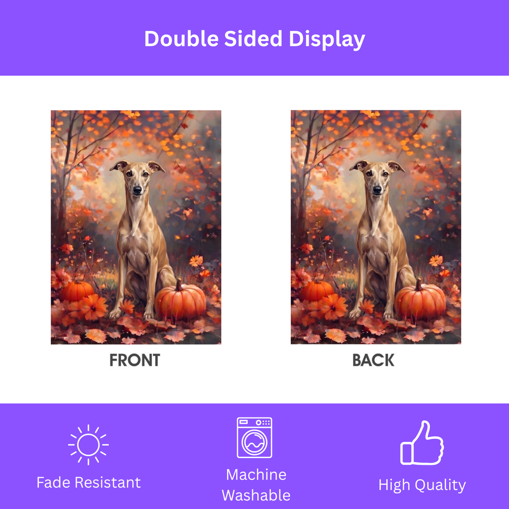 Fall Whippet With Pumpkins on a garden flag stand in a garden bed with fall flowers