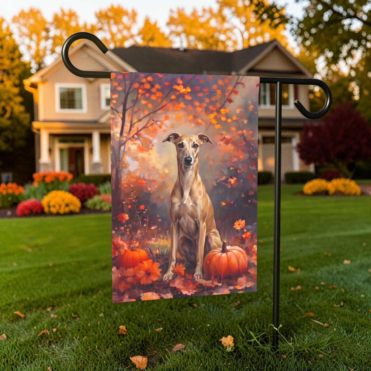 Fall Whippet With Pumpkins displayed on a garden flag stand in an outdoor garden setting