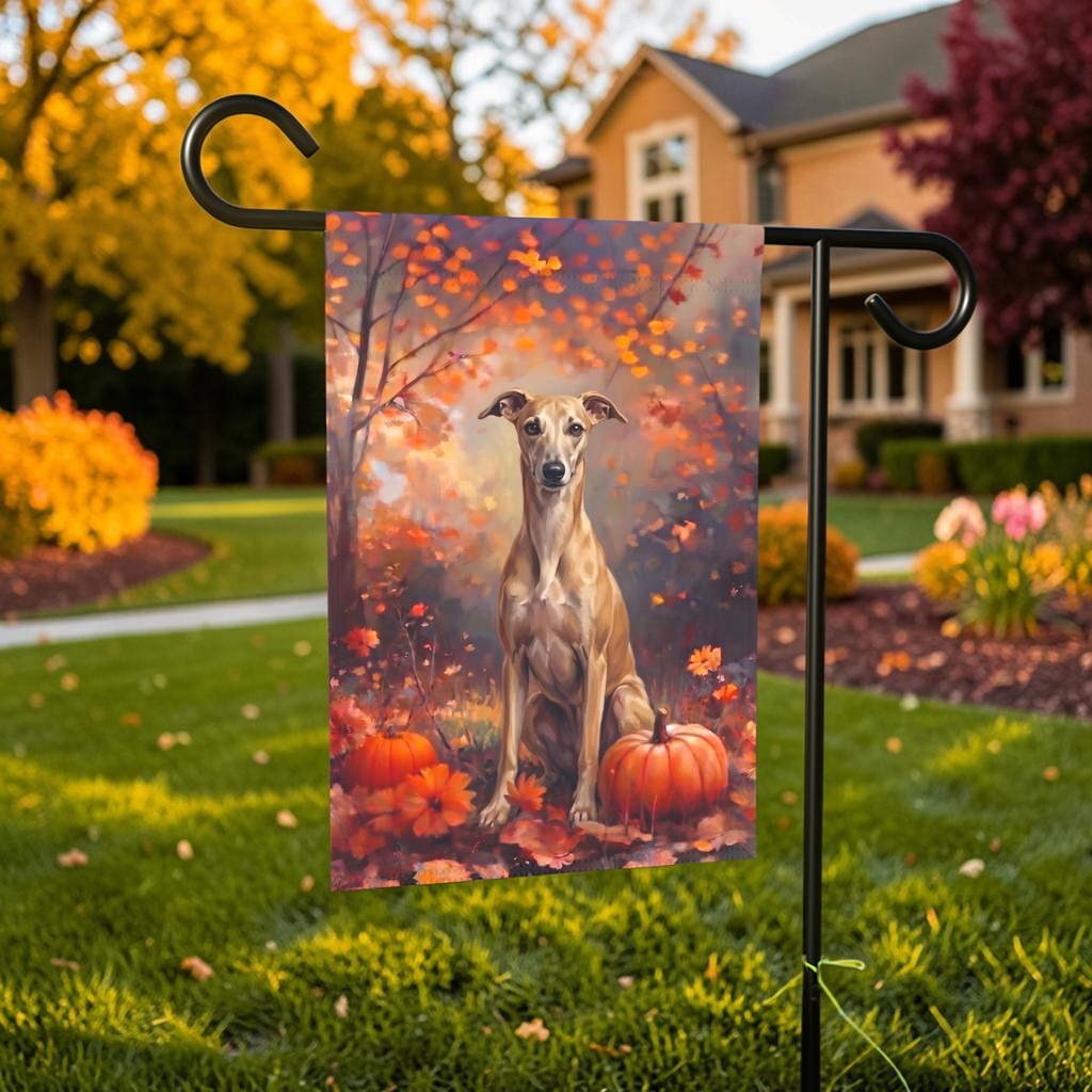 Fall Whippet With Pumpkins shown on a stand near a walkway with autumn flowers
