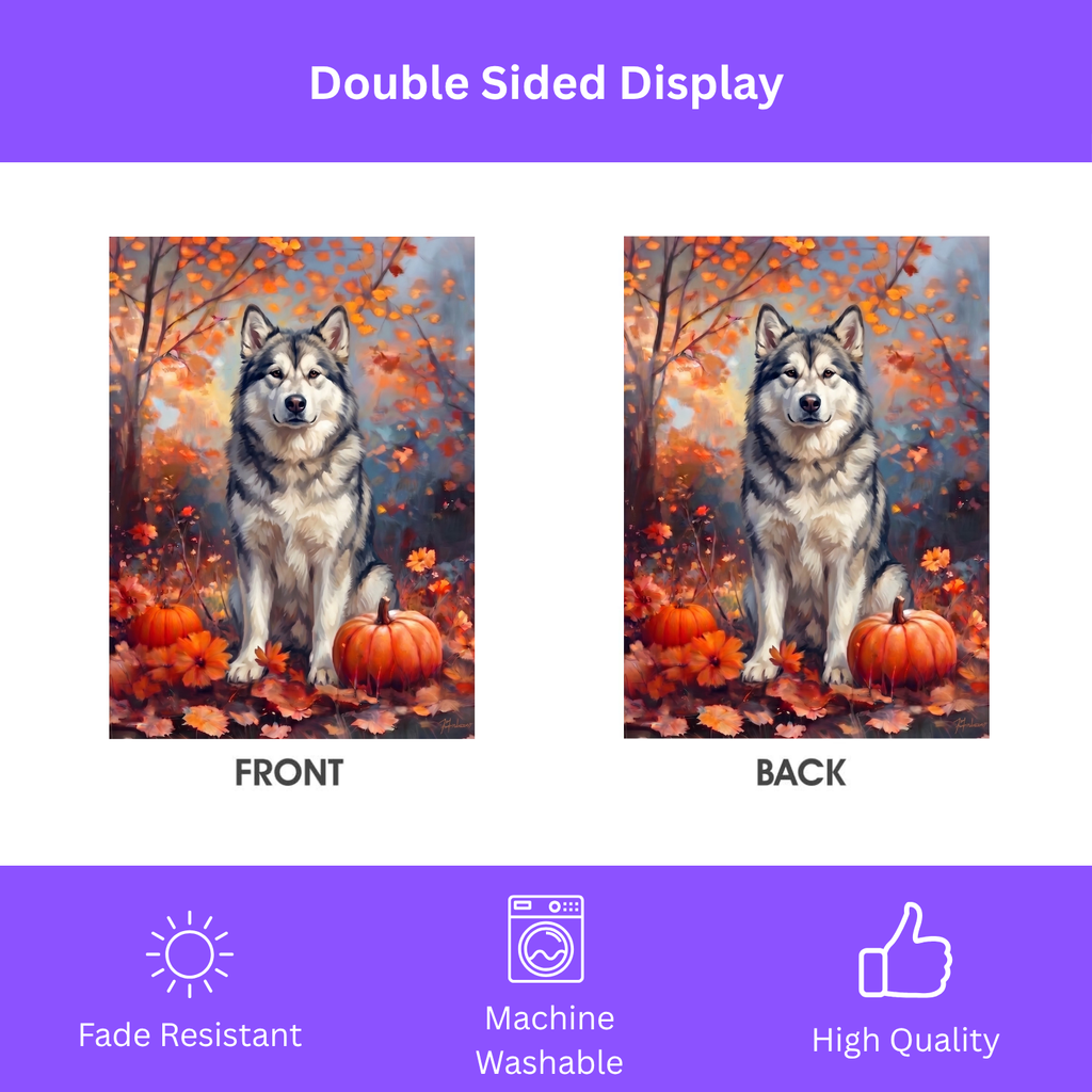 House flag size chart for the Fall Alaskan Malamute With Pumpkins showing 24.5 inch by 32 inch dimensions with a 3 inch top sleeve