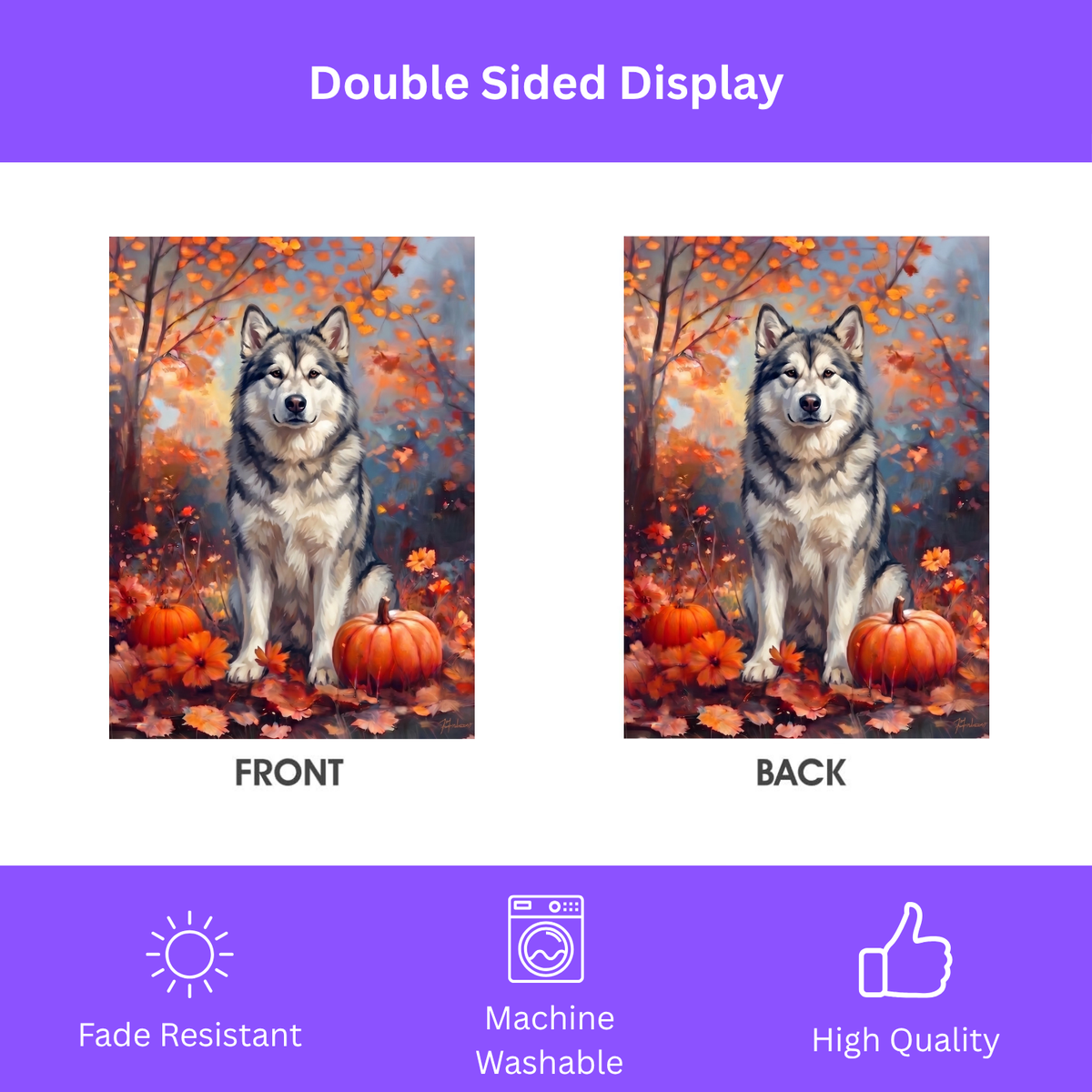 House flag size chart for the Fall Alaskan Malamute With Pumpkins showing 24.5 inch by 32 inch dimensions with a 3 inch top sleeve