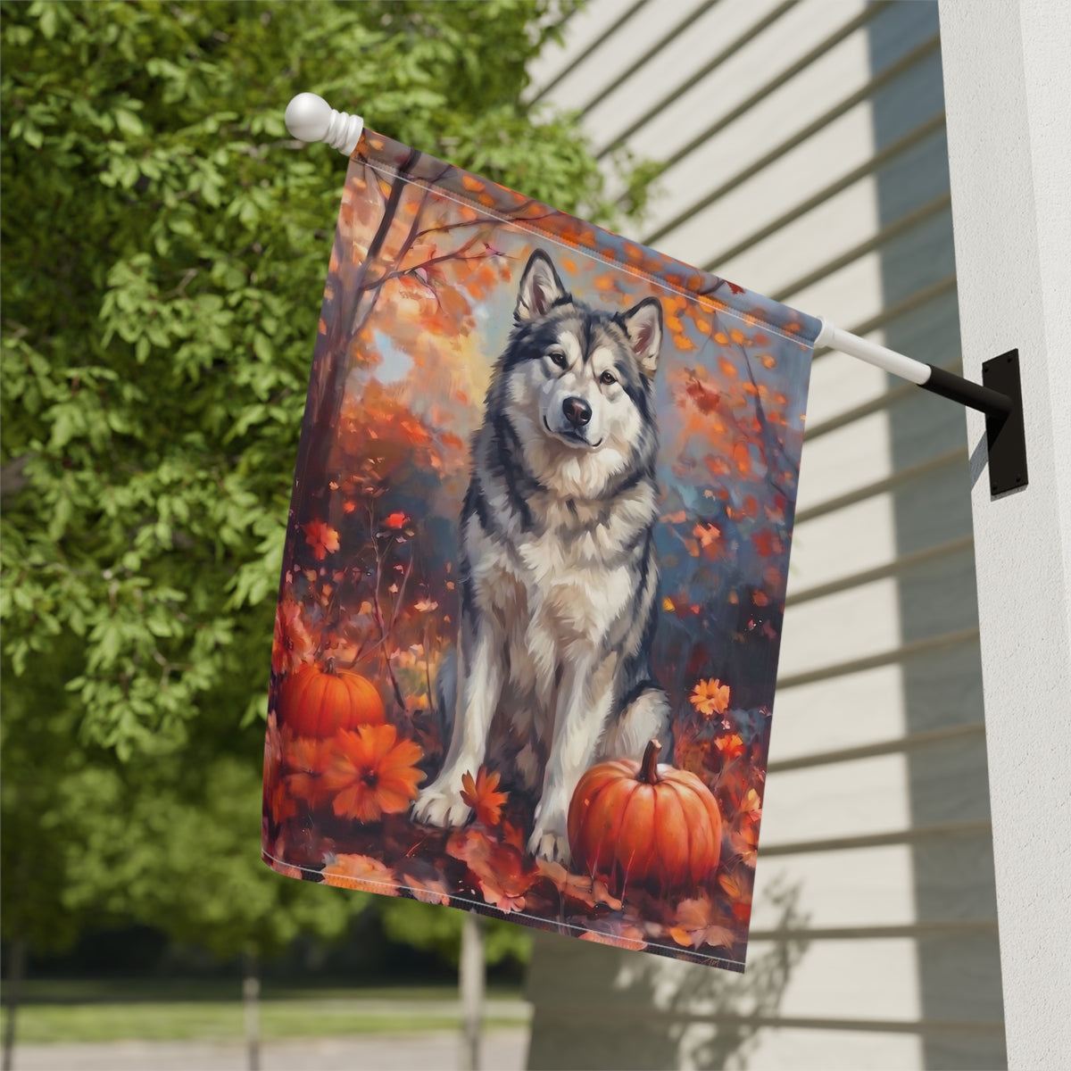 Garden flag size chart for the Fall Alaskan Malamute With Pumpkins showing 12 inch by 18 inch dimensions with a 1.25 inch top sleeve