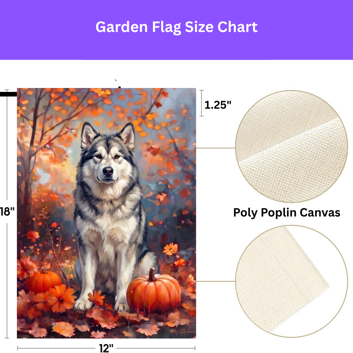 Double-sided display of the Fall Alaskan Malamute With Pumpkins showing the identical design on front and back