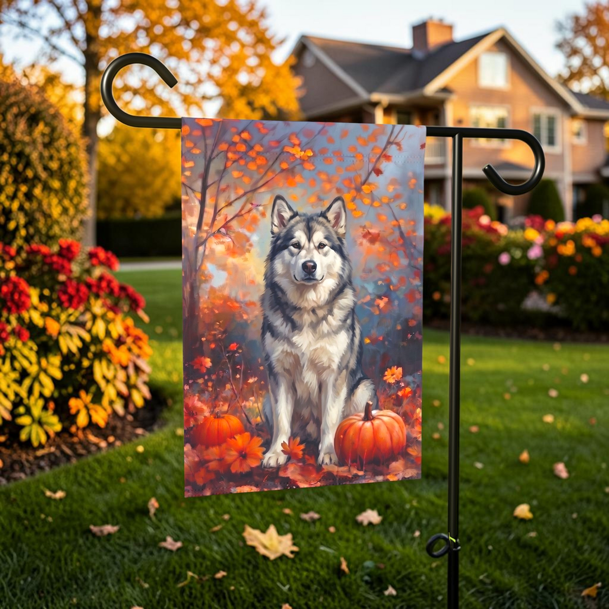 Fall Alaskan Malamute With Pumpkins displayed on a garden flag stand in an outdoor garden setting