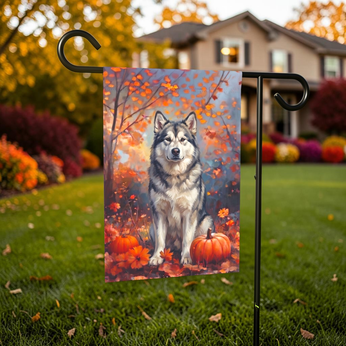 Fall Alaskan Malamute With Pumpkins on a garden flag stand in front of a house with autumn landscaping