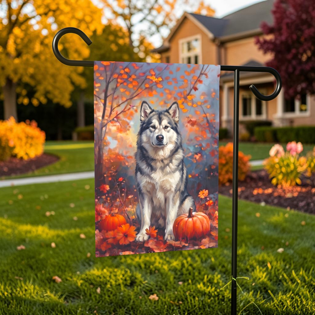 Fall Alaskan Malamute With Pumpkins shown on a stand near a walkway with autumn flowers