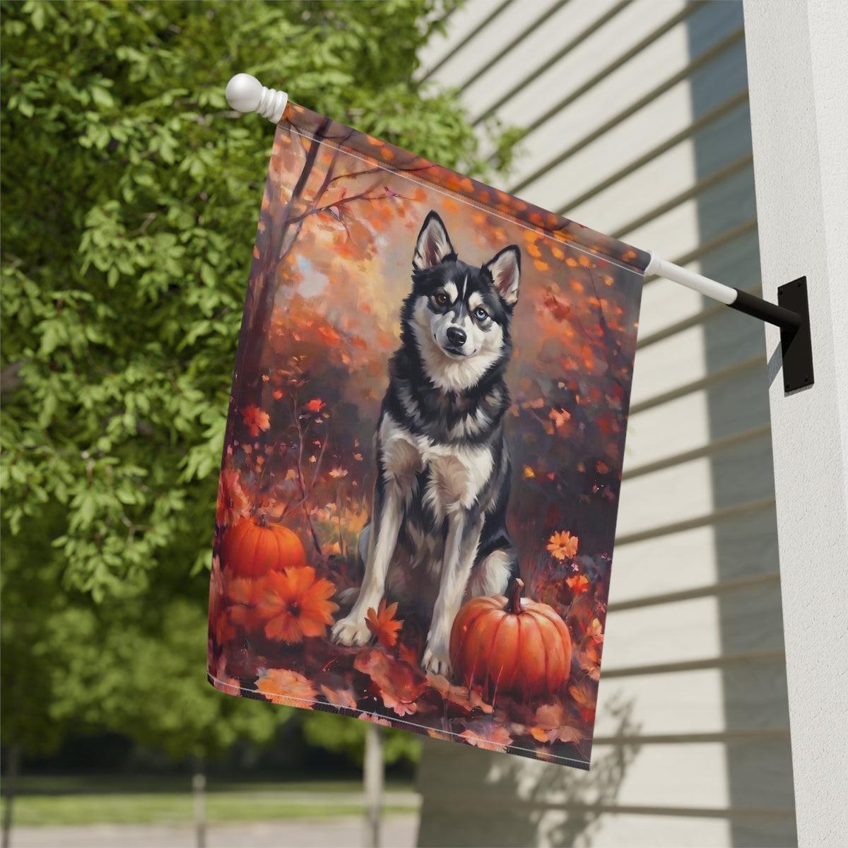 Garden flag size chart for the Fall Alaskan Klee Kai With Pumpkins showing 12 inch by 18 inch dimensions with a 1.25 inch top sleeve