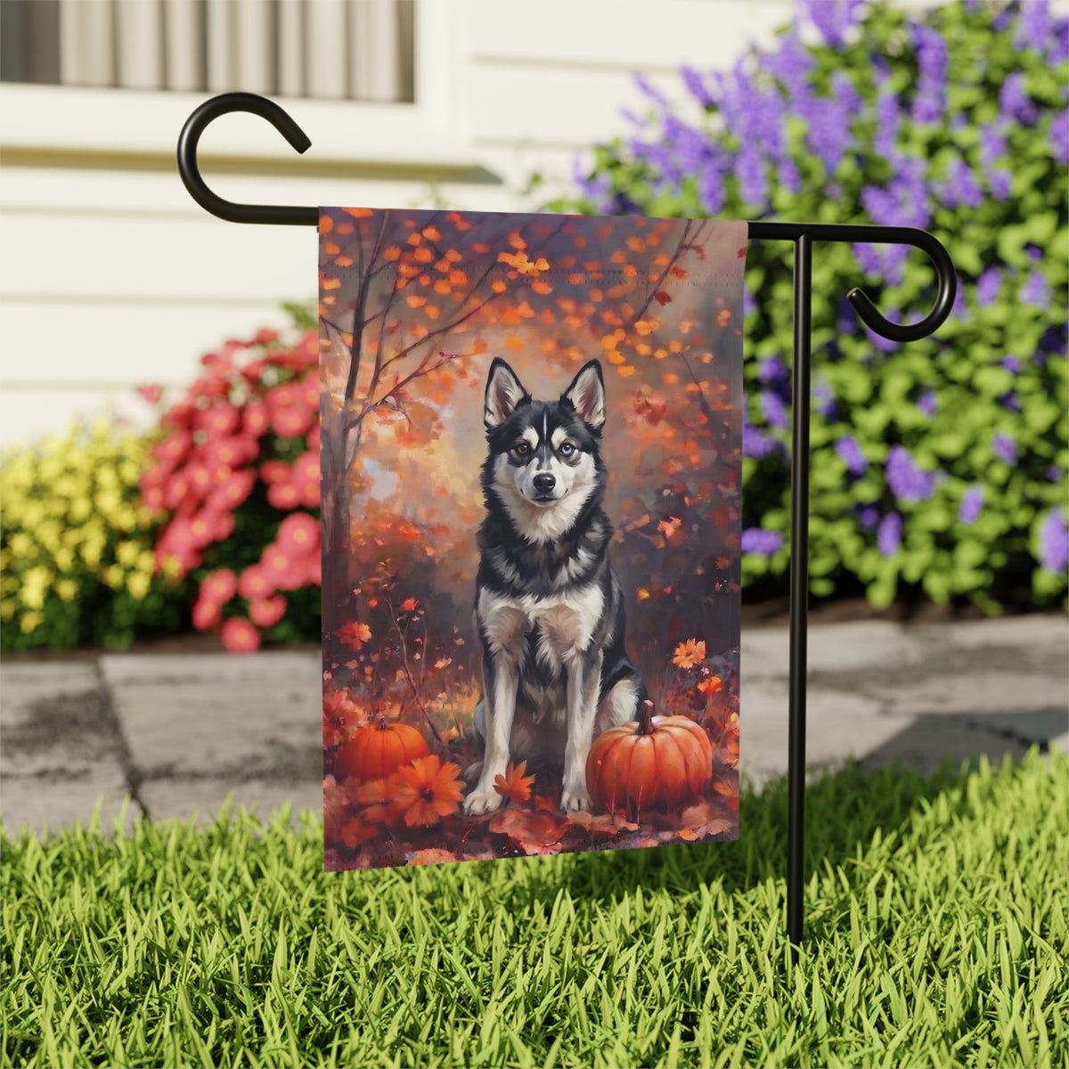 Fall Alaskan Klee Kai With Pumpkins house flag mounted on a wall bracket at an angle against a house exterior