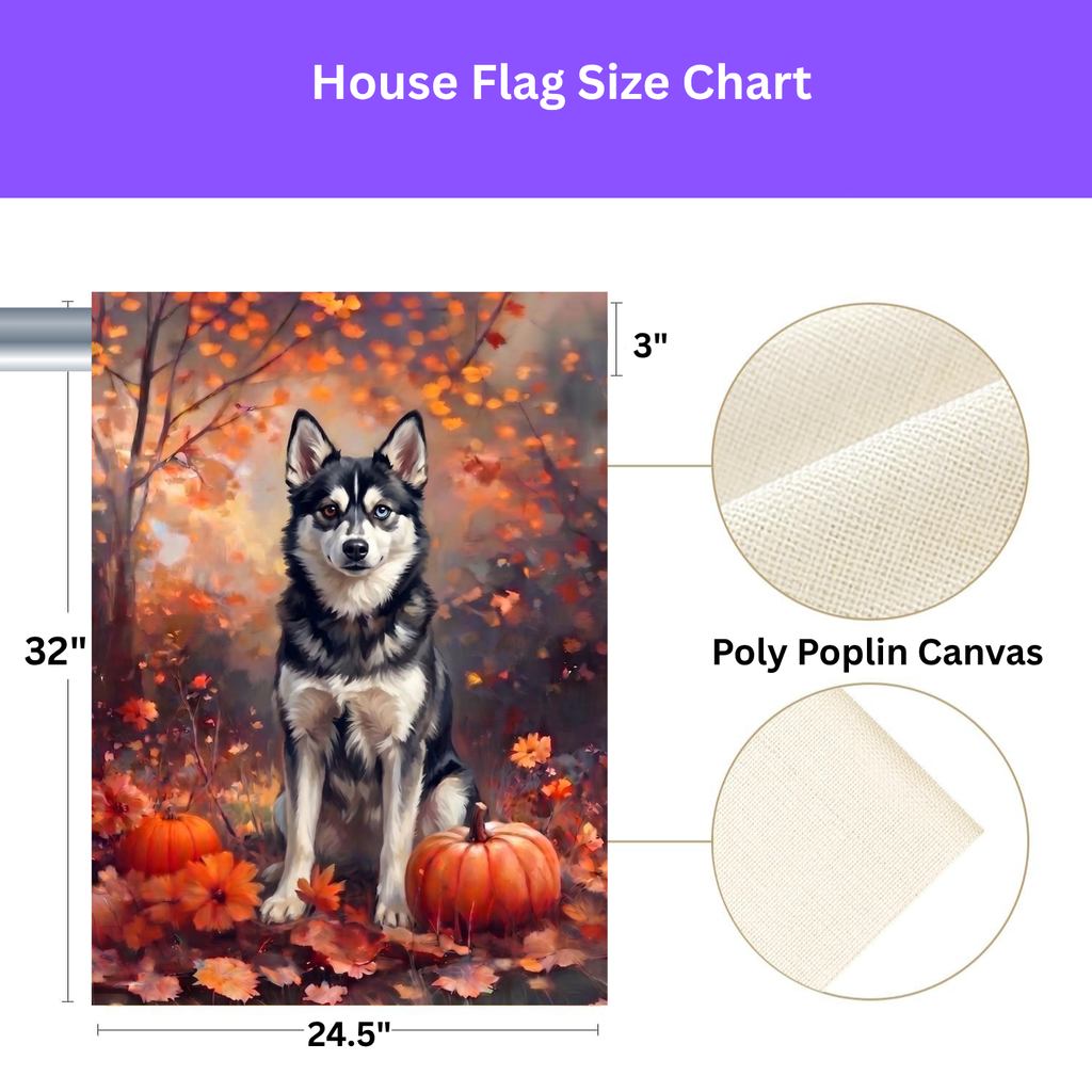 Fall Alaskan Klee Kai With Pumpkins on a garden flag stand in a garden bed with fall flowers