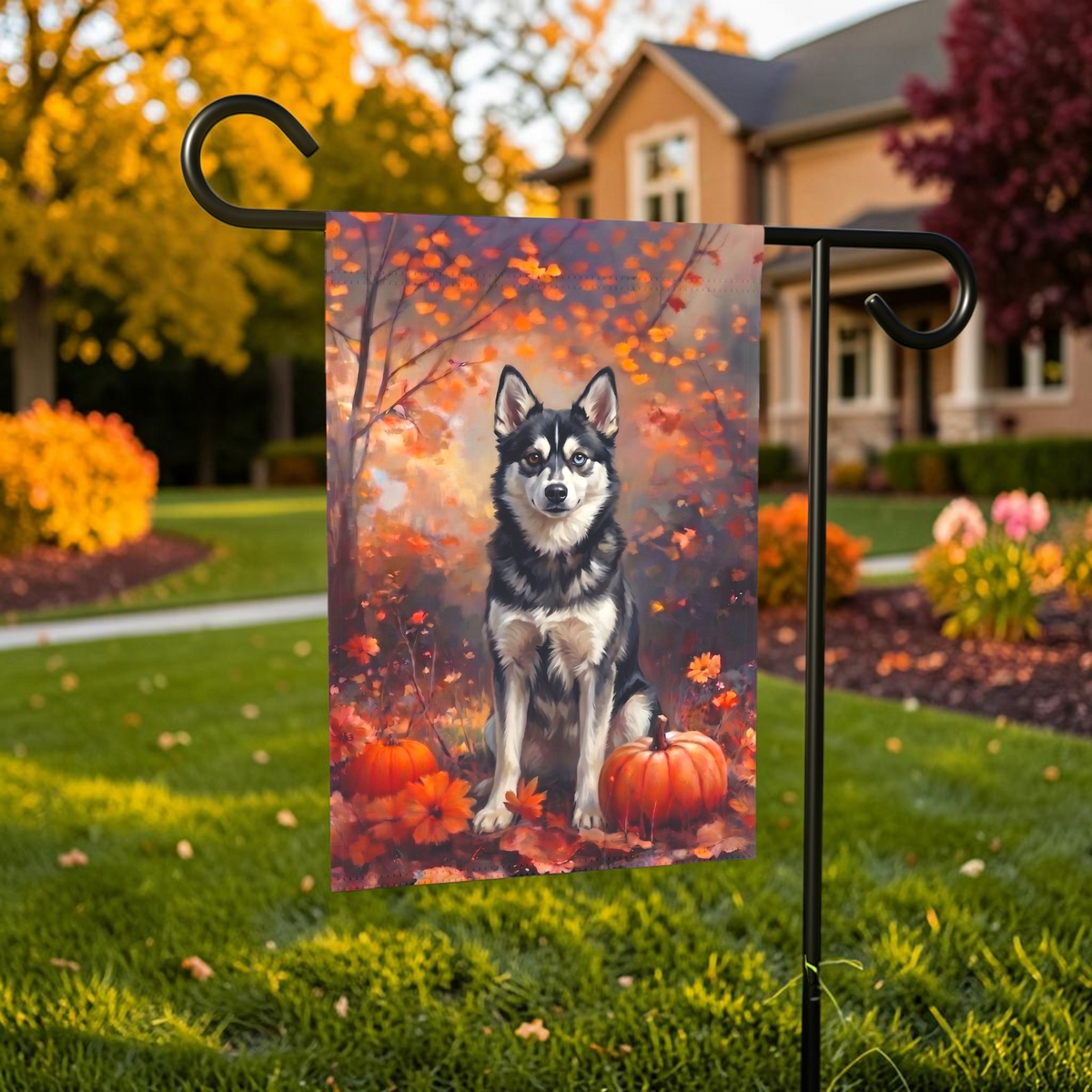 Fall Alaskan Klee Kai With Pumpkins shown on a stand near a walkway with autumn flowers