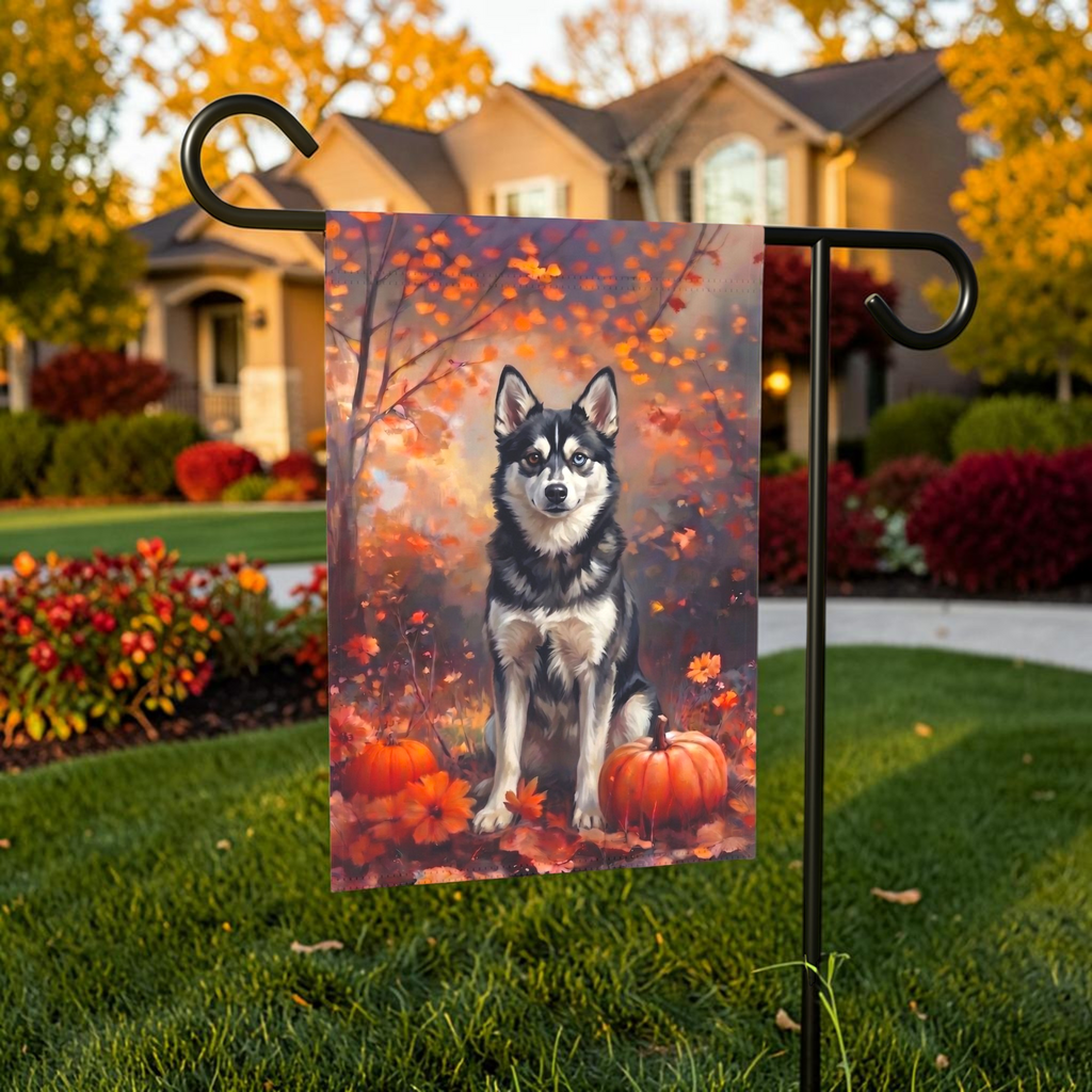 Fall Alaskan Klee Kai With Pumpkins displayed on a garden flag stand in an outdoor garden setting