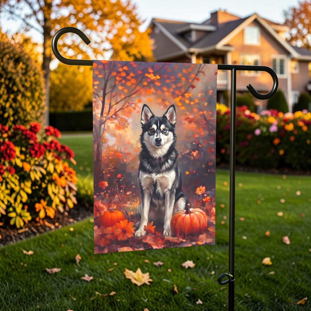Fall Alaskan Klee Kai With Pumpkins on a garden flag stand in front of a house with autumn landscaping