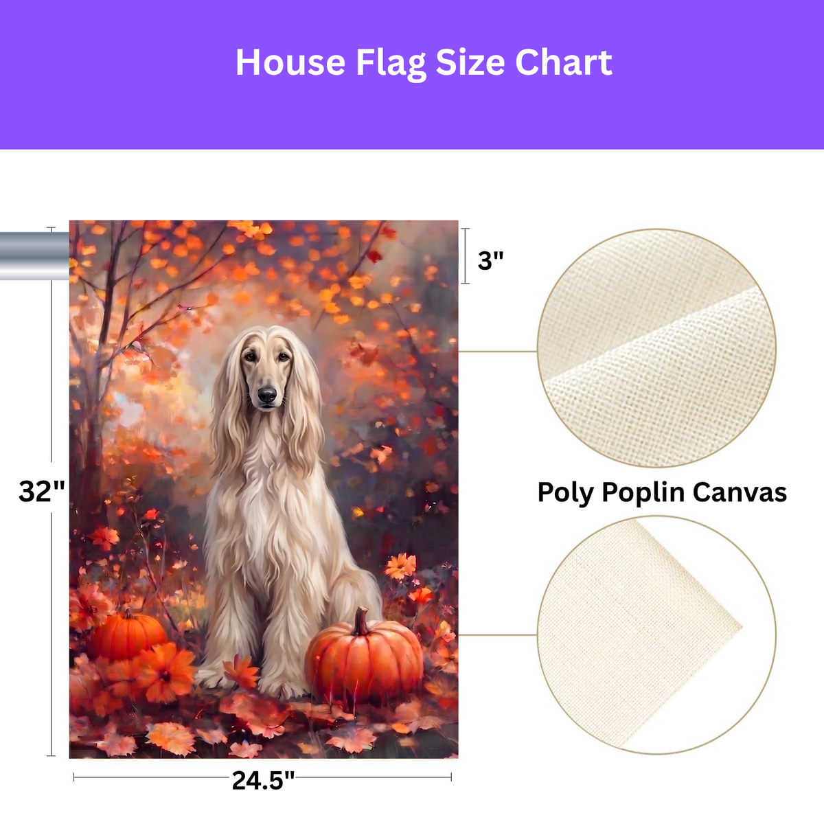 Fall Afghan Hound With Pumpkins on a garden flag stand in a garden bed with fall flowers
