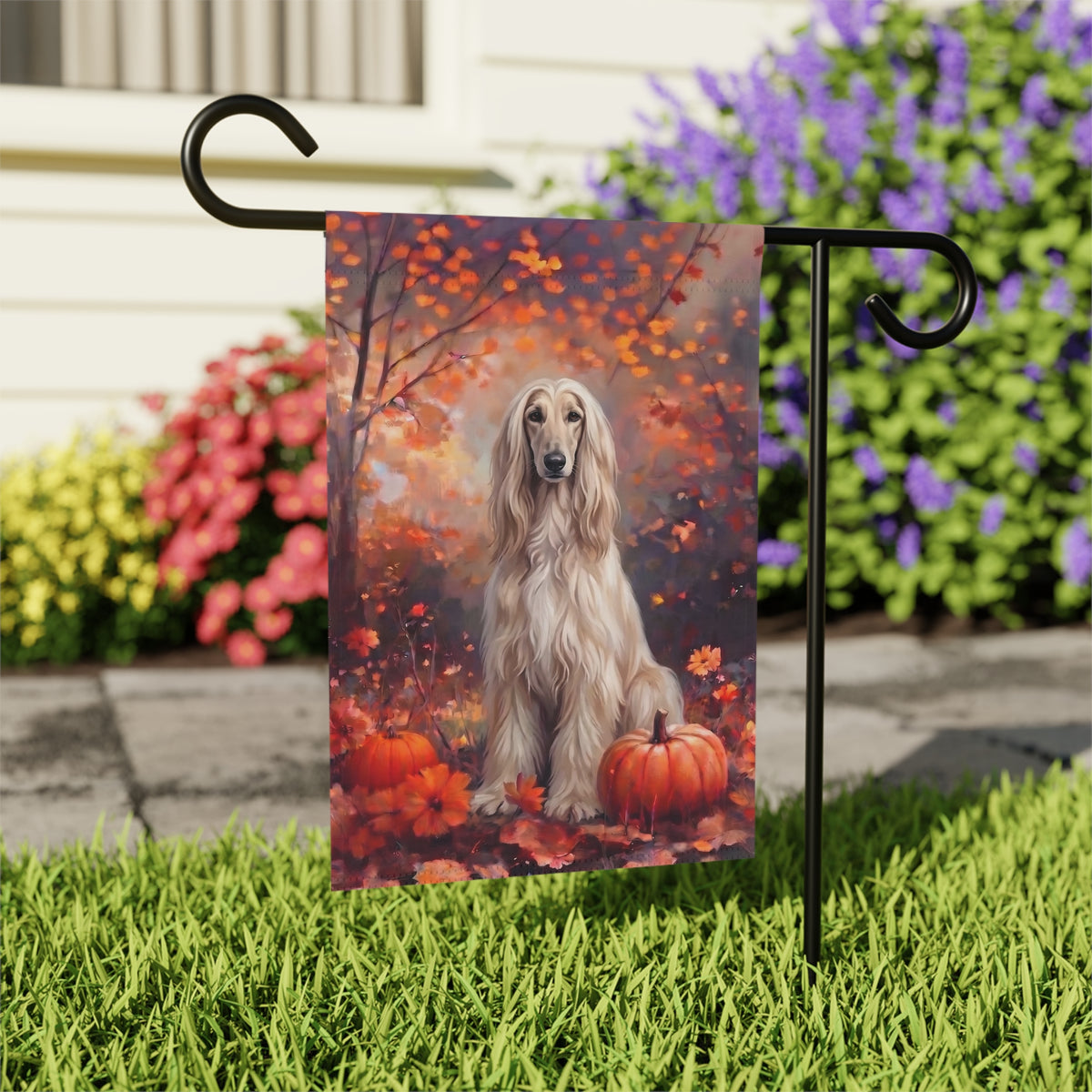 Fall Afghan Hound With Pumpkins house flag mounted on a wall bracket at an angle against a house exterior