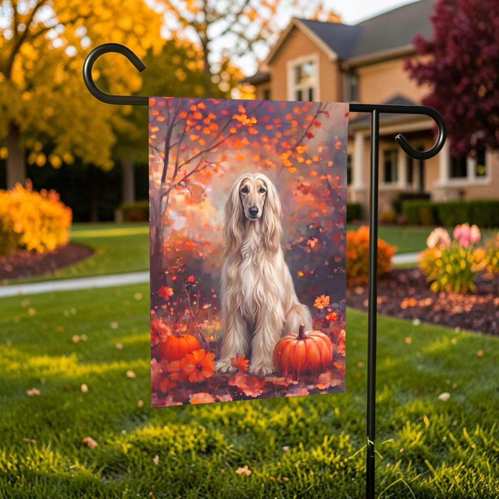 Fall Afghan Hound With Pumpkins shown on a stand near a walkway with autumn flowers