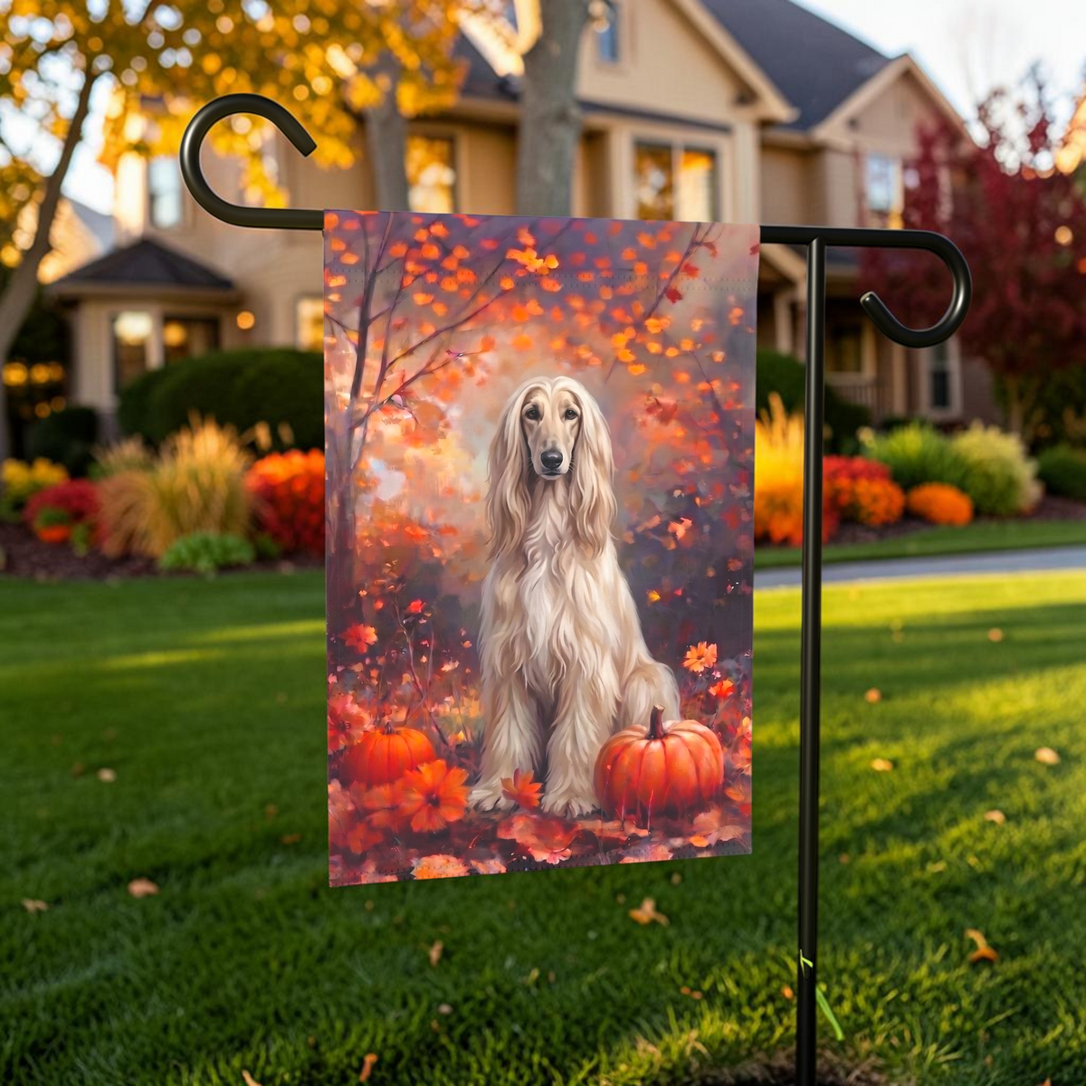 Fall Afghan Hound With Pumpkins displayed on a garden flag stand in an outdoor garden setting