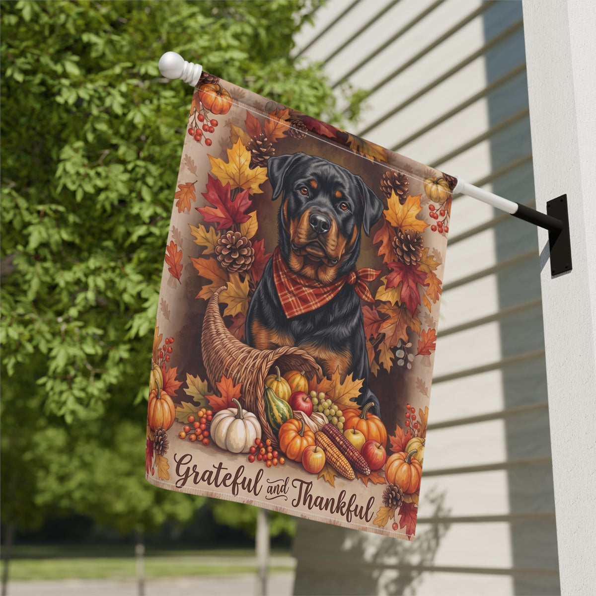 Garden flag size chart for the Grateful and Thankful Rottweiler showing 12 inch by 18 inch dimensions with a 1.25 inch top sleeve
