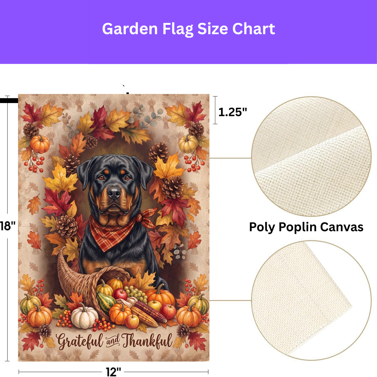 Double-sided display of the Grateful and Thankful Rottweiler garden flag showing the identical design on front and back