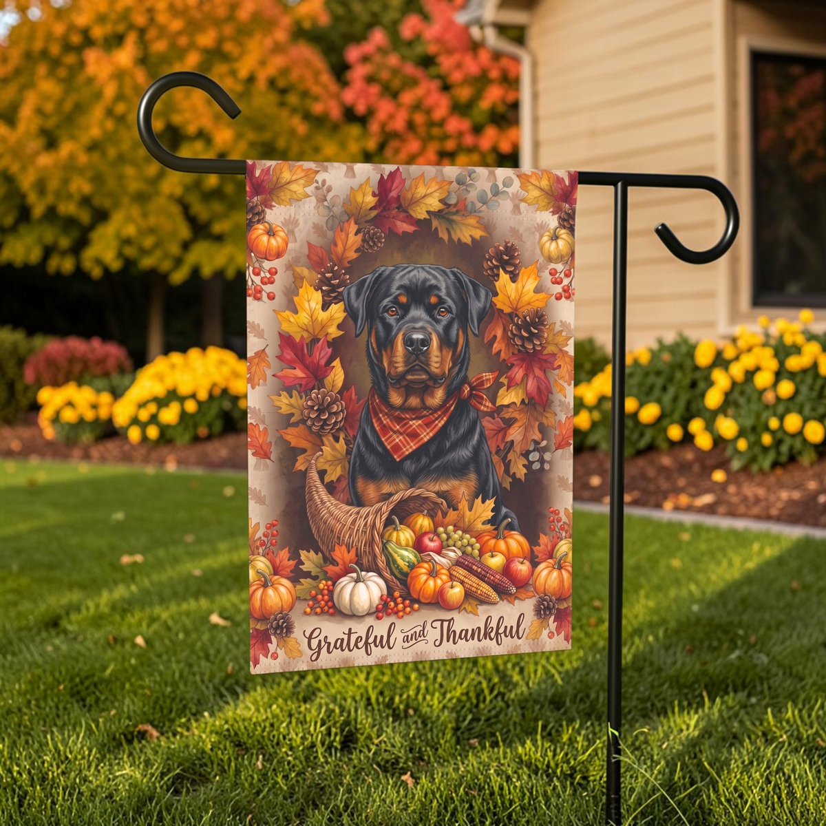 Grateful and Thankful Rottweiler Thanksgiving garden flag shown on a stand near a walkway with potted mums