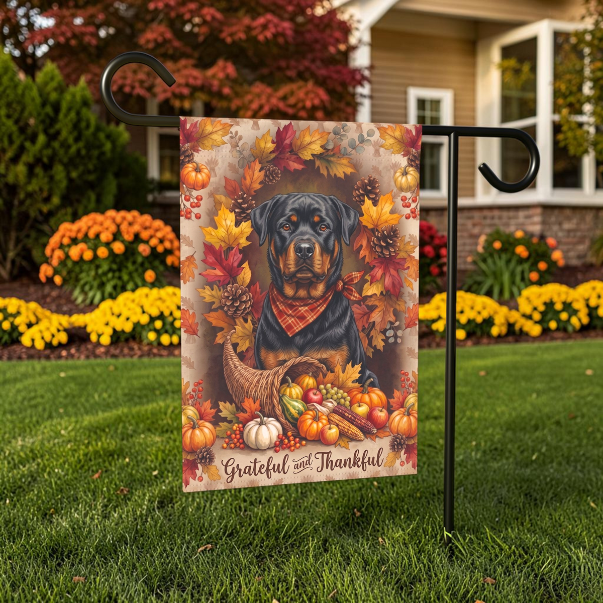 Grateful and Thankful Rottweiler garden flag displayed on a stand in a garden bed with autumn flowers and a house in the background