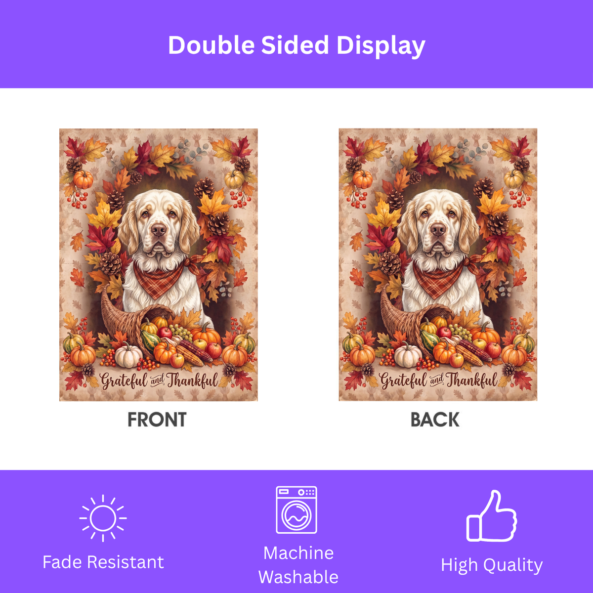 House flag size chart for the Grateful and Thankful Clumber Spaniel showing 24.5 inch by 32 inch dimensions with a 3 inch top sleeve