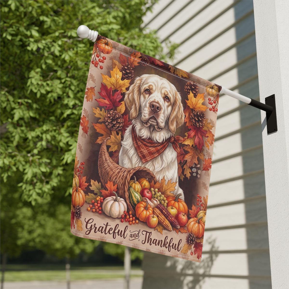 Garden flag size chart for the Grateful and Thankful Clumber Spaniel showing 12 inch by 18 inch dimensions with a 1.25 inch top sleeve