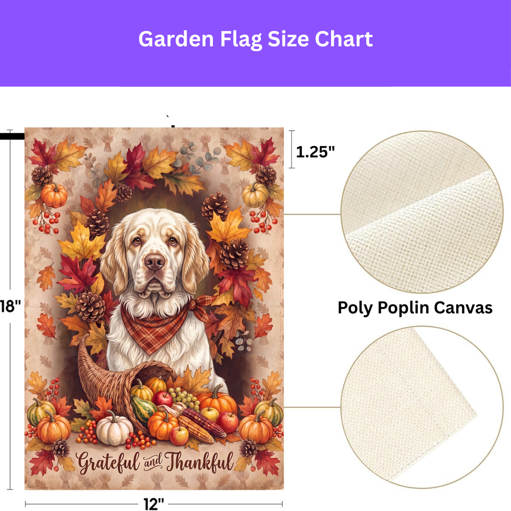 Double-sided display of the Grateful and Thankful Clumber Spaniel garden flag showing the identical design on front and back