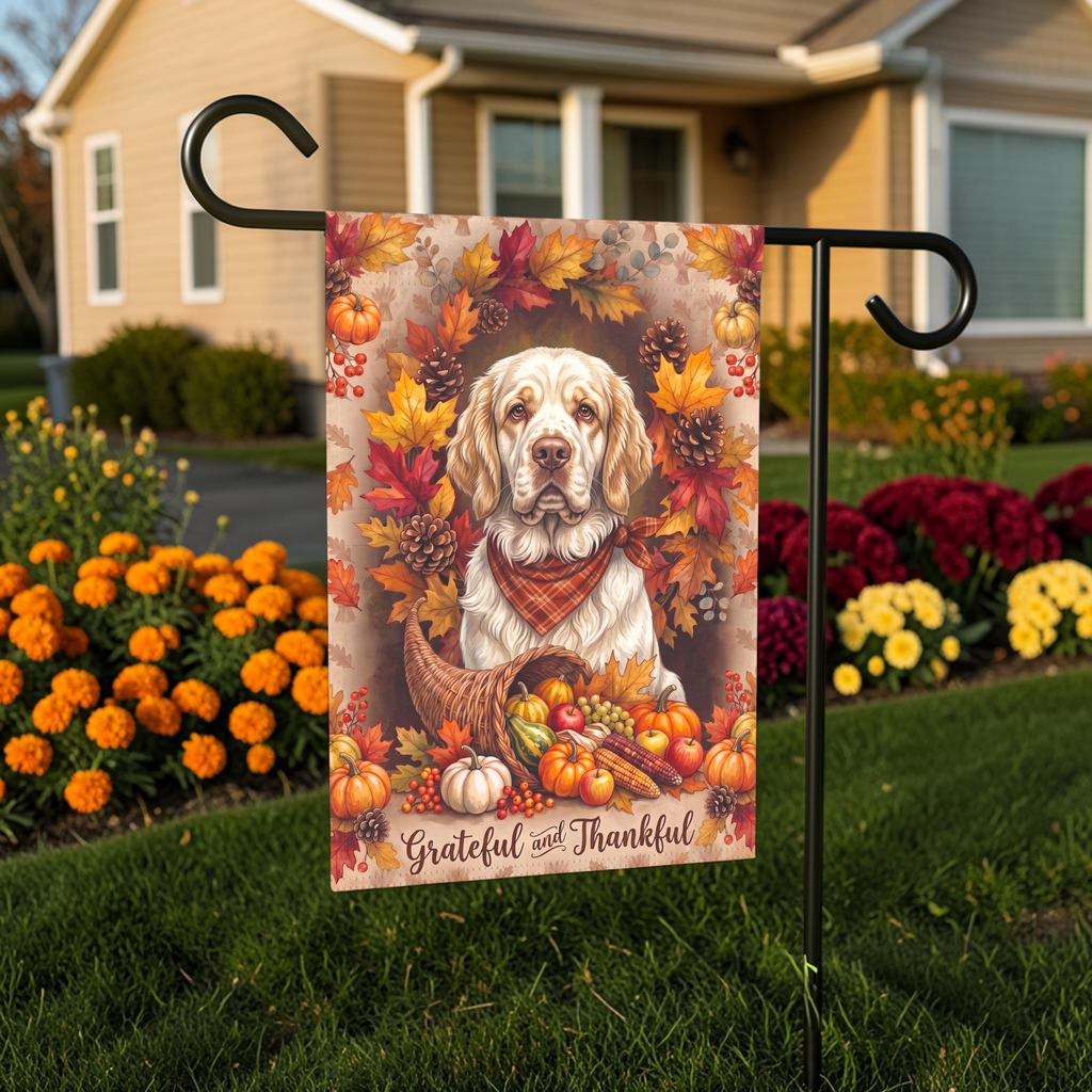 Grateful and Thankful Clumber Spaniel garden flag displayed on a stand in a garden bed with autumn flowers and a house in the background