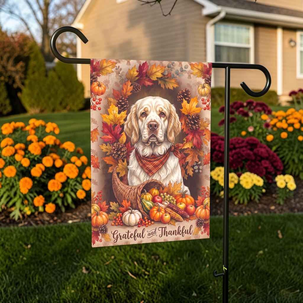 Grateful and Thankful Clumber Spaniel garden flag on a stand in front of a house with shutters and a door wreath
