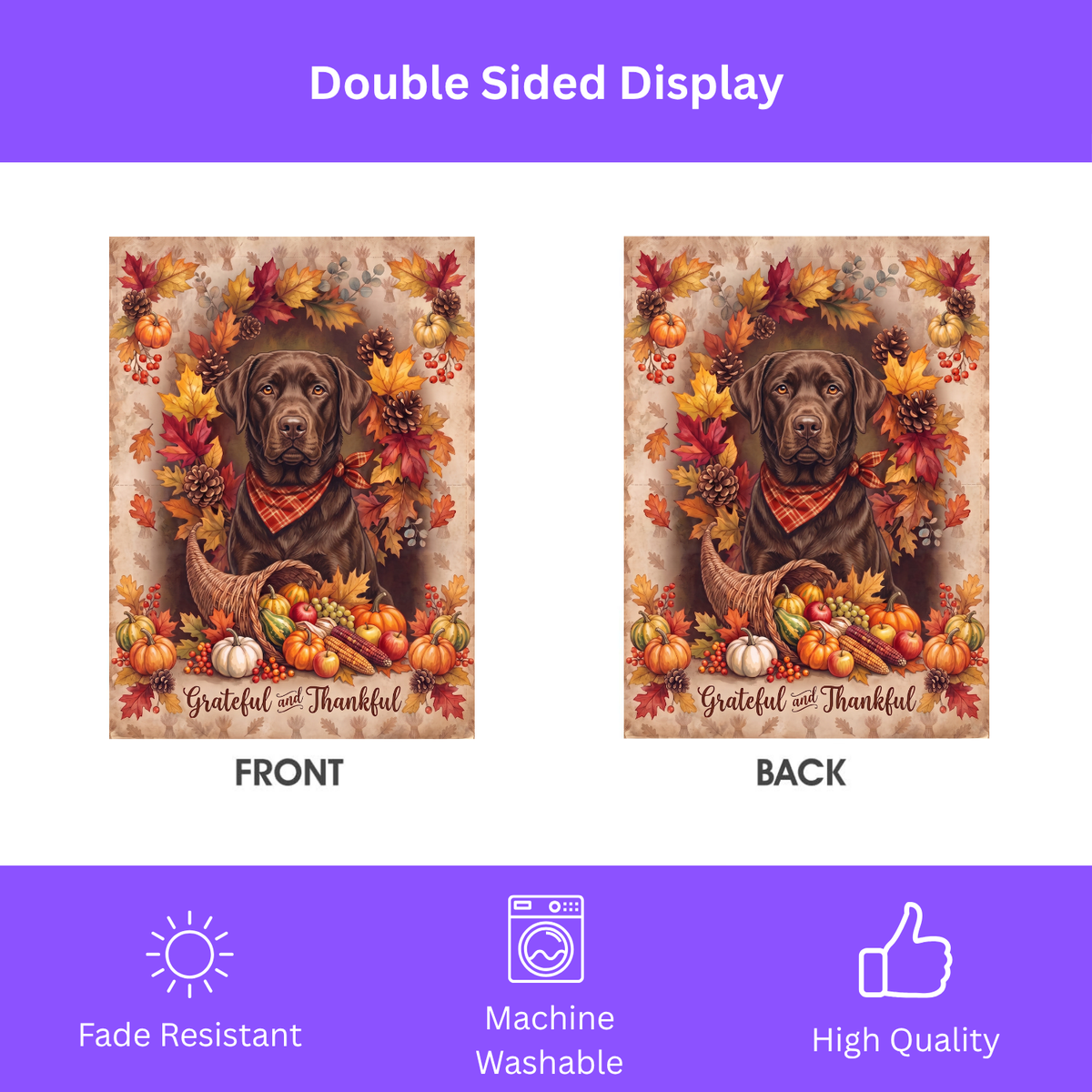 House flag size chart for the Grateful and Thankful Chocolate Labrador showing 24.5 inch by 32 inch dimensions with a 3 inch top sleeve