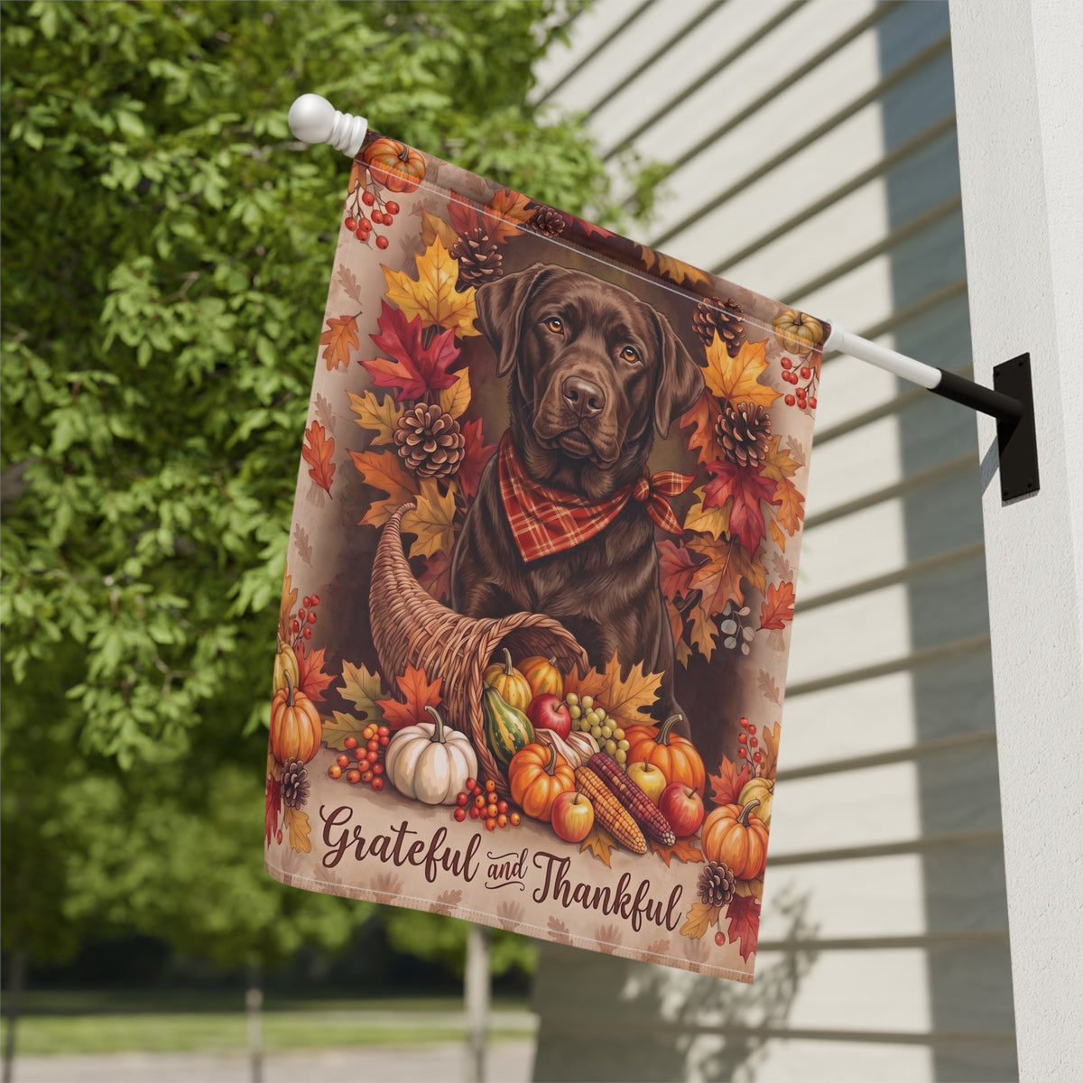 Garden flag size chart for the Grateful and Thankful Chocolate Labrador showing 12 inch by 18 inch dimensions with a 1.25 inch top sleeve