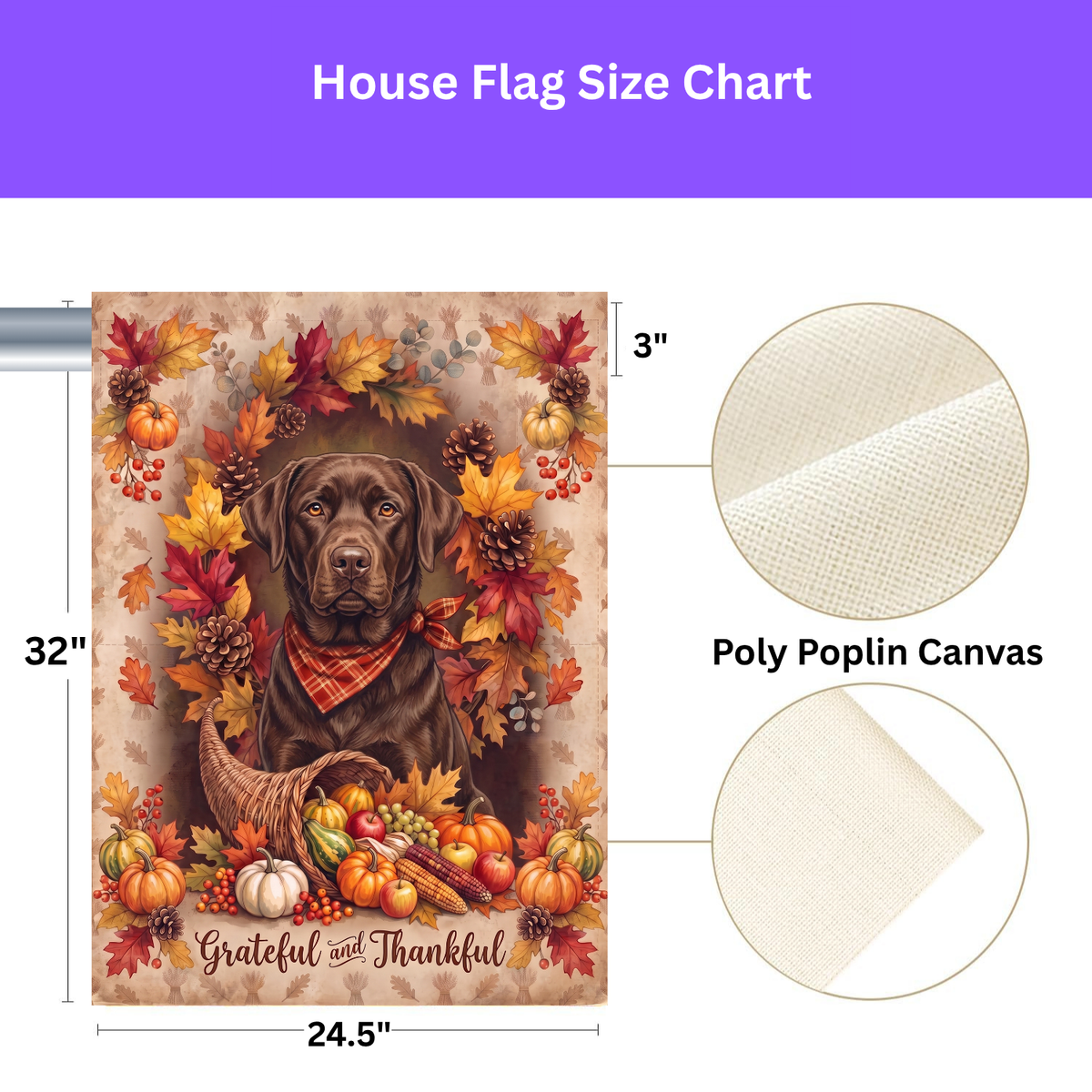 Grateful and Thankful Chocolate Labrador garden flag on a stand in a garden bed with orange marigolds and purple flowers
