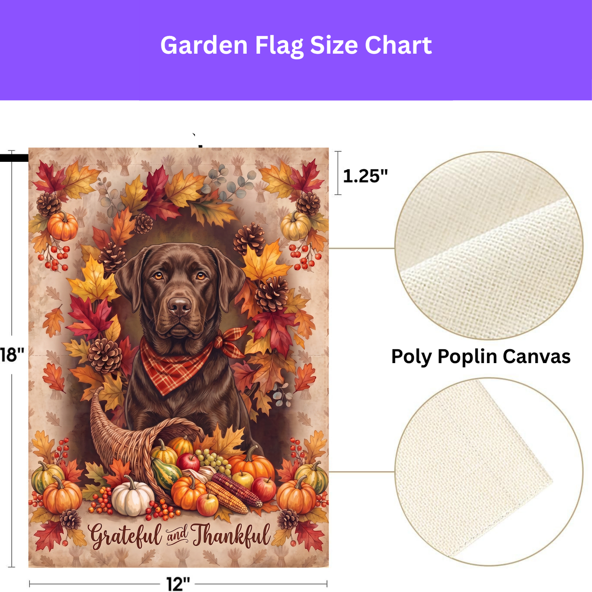 Double-sided display of the Grateful and Thankful Chocolate Labrador garden flag showing the identical design on front and back