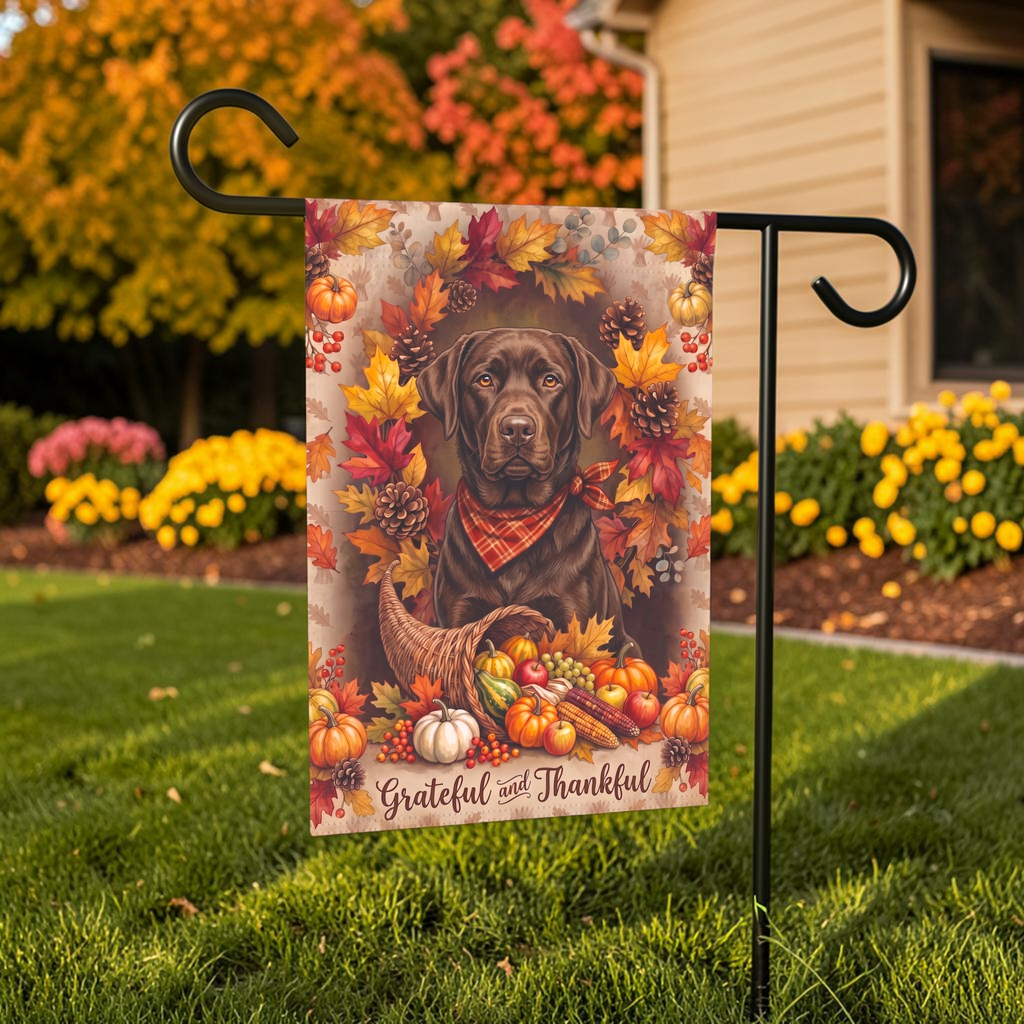 Grateful and Thankful Chocolate Labrador garden flag displayed on a stand in a garden bed with autumn flowers and a house in the background