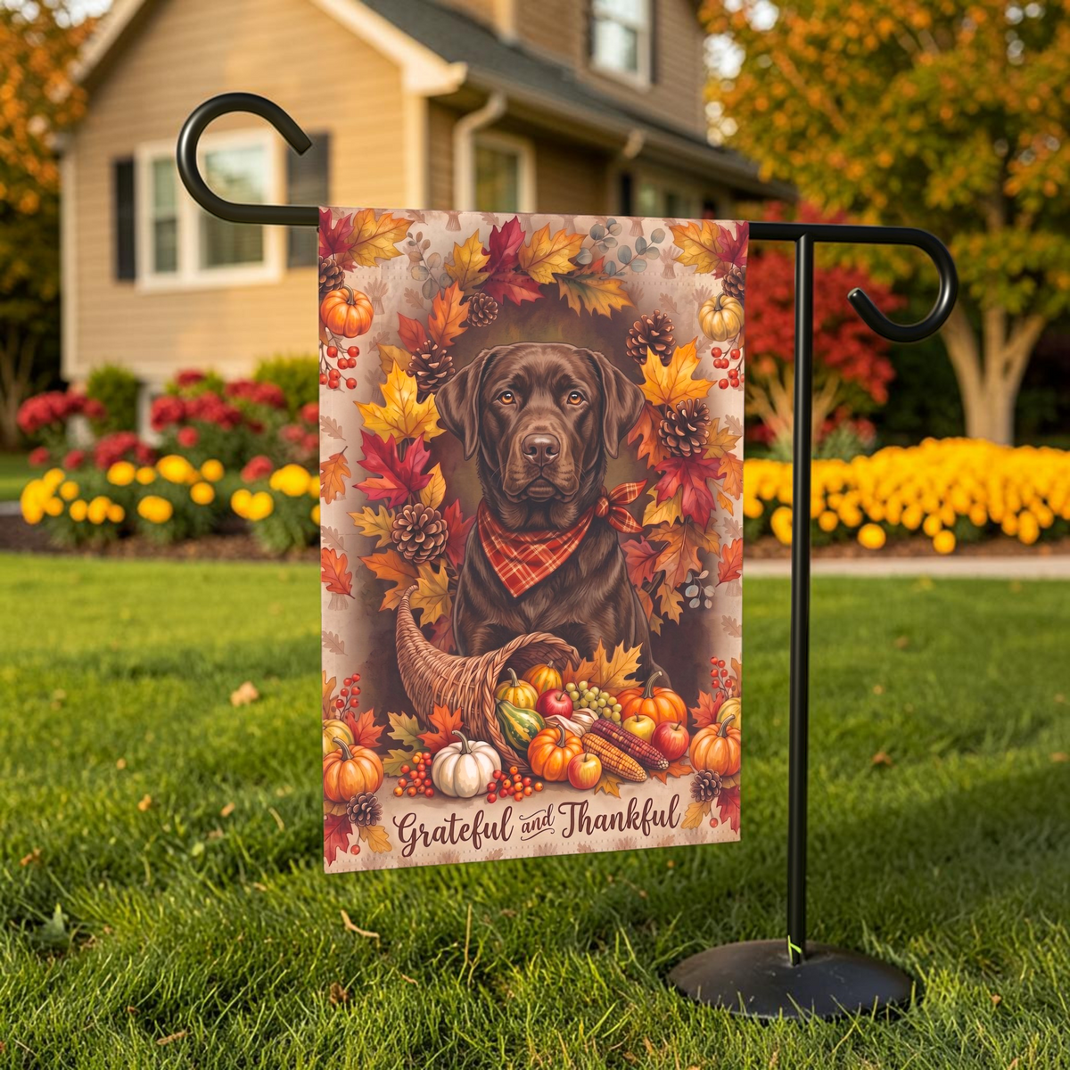 Grateful and Thankful Chocolate Labrador Thanksgiving garden flag shown on a stand near a walkway with potted mums