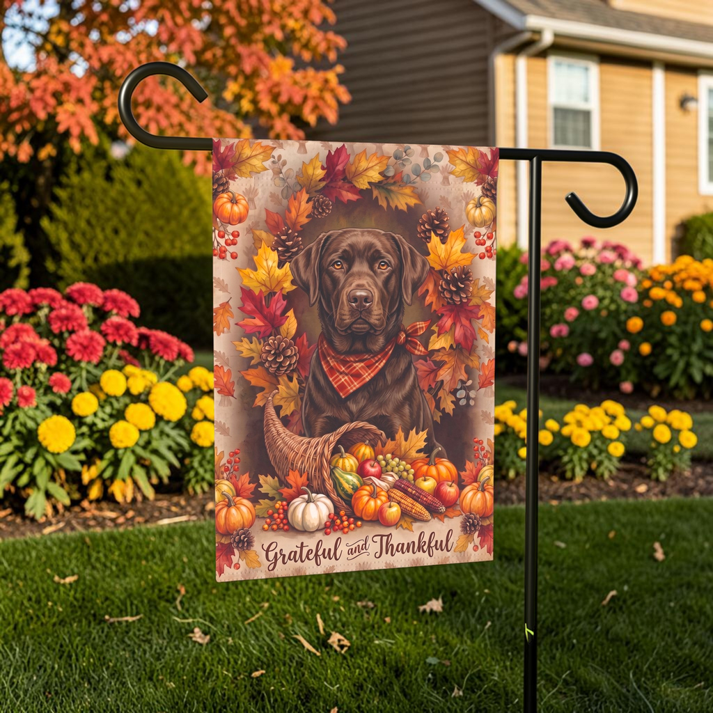 Grateful and Thankful Chocolate Labrador garden flag on a stand in front of a house with shutters and a door wreath