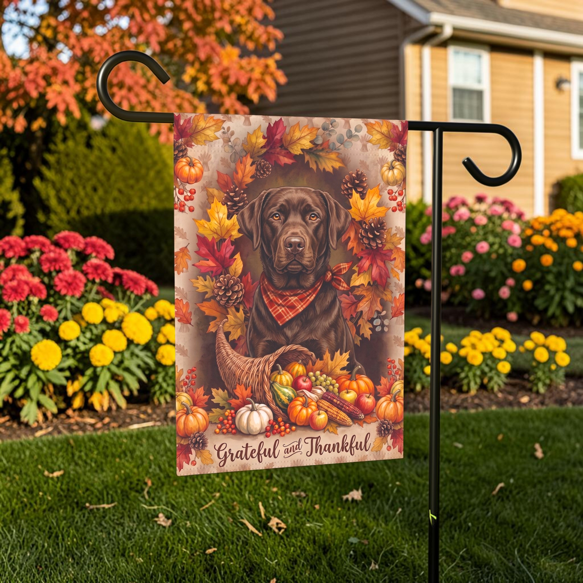 Grateful and Thankful Chocolate Labrador garden flag on a stand in front of a house with shutters and a door wreath