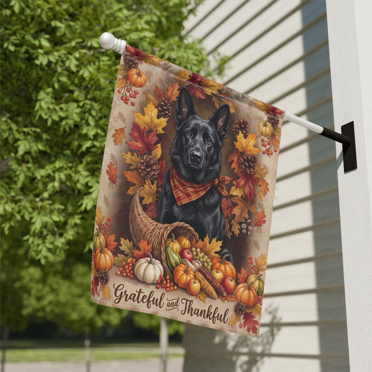 Garden flag size chart for the Grateful and Thankful Black German Shepherd showing 12 inch by 18 inch dimensions with a 1.25 inch top sleeve