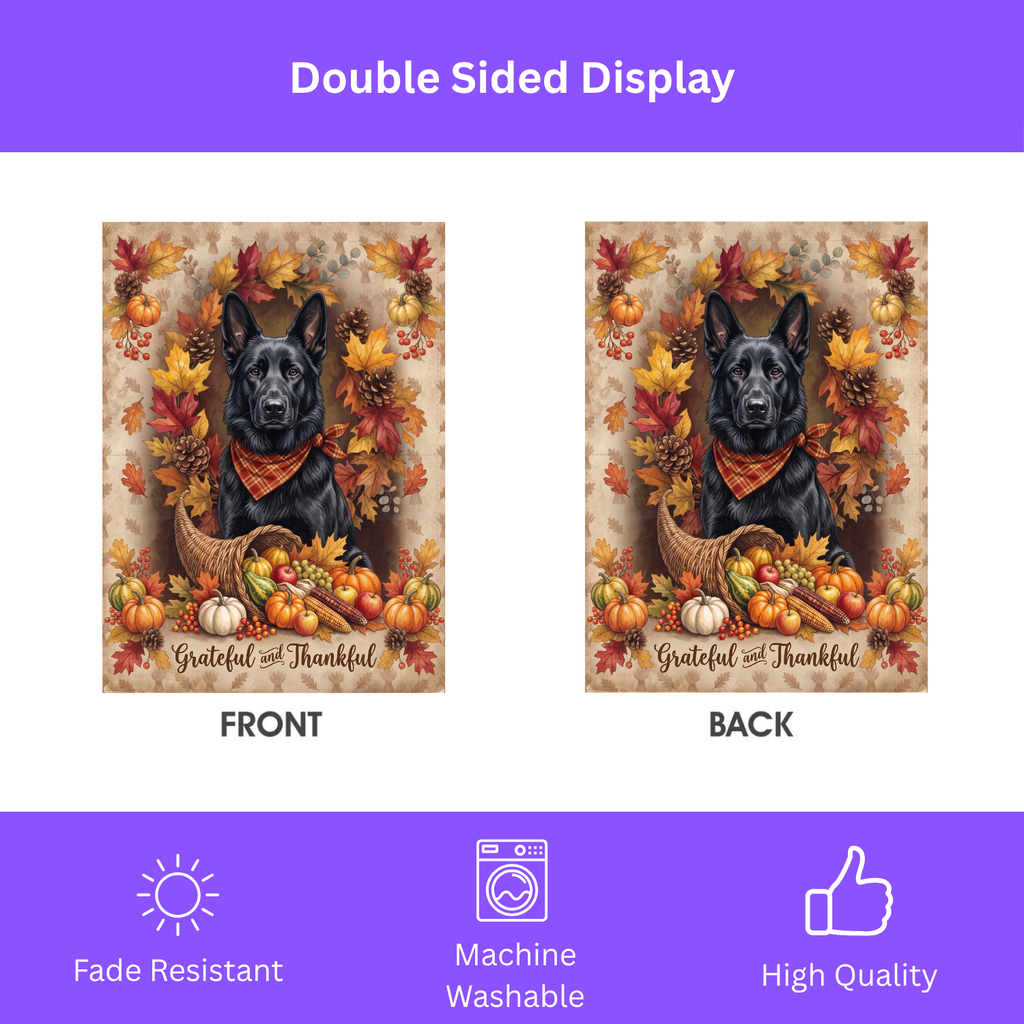 House flag size chart for the Grateful and Thankful Black German Shepherd showing 24.5 inch by 32 inch dimensions with a 3 inch top sleeve
