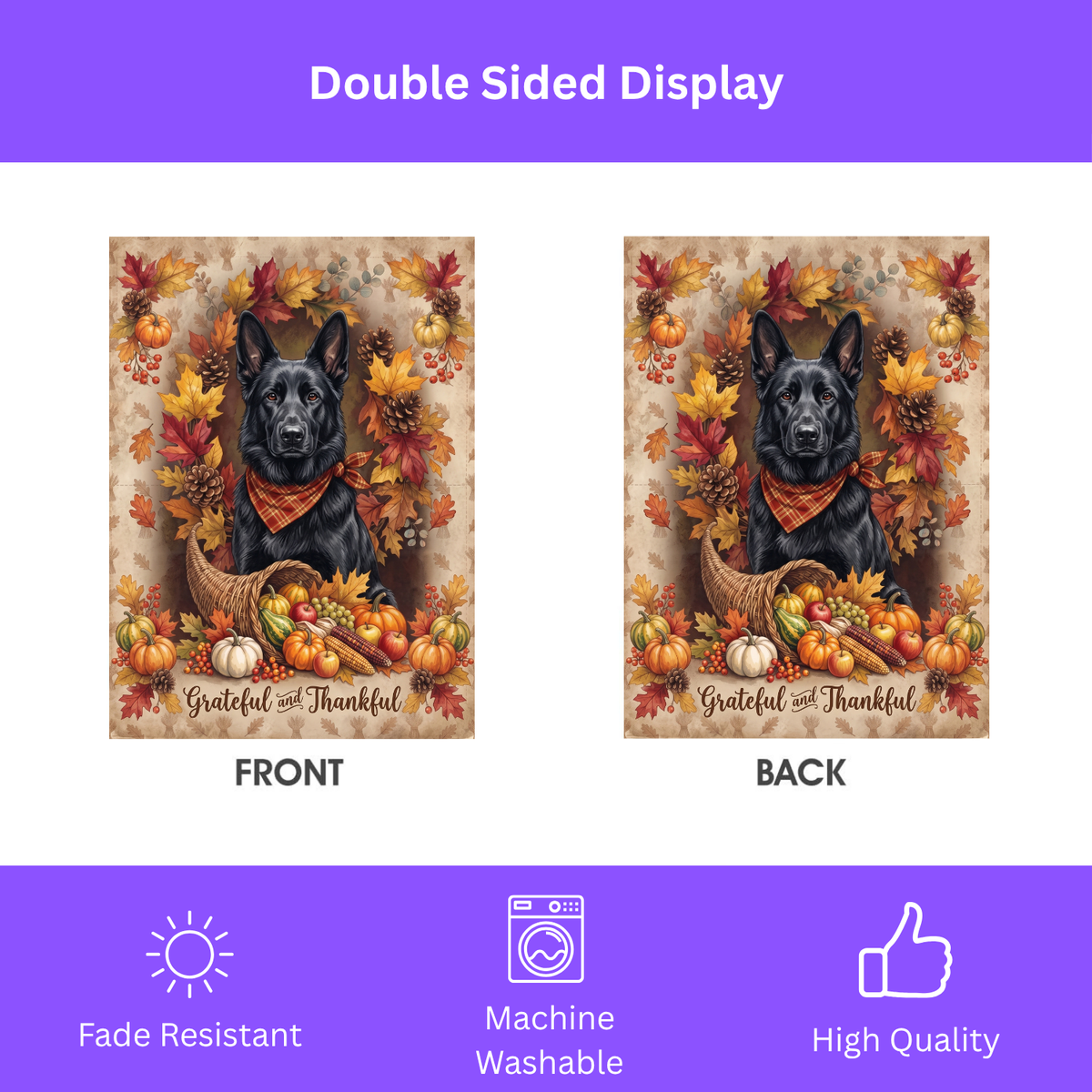 House flag size chart for the Grateful and Thankful Black German Shepherd showing 24.5 inch by 32 inch dimensions with a 3 inch top sleeve