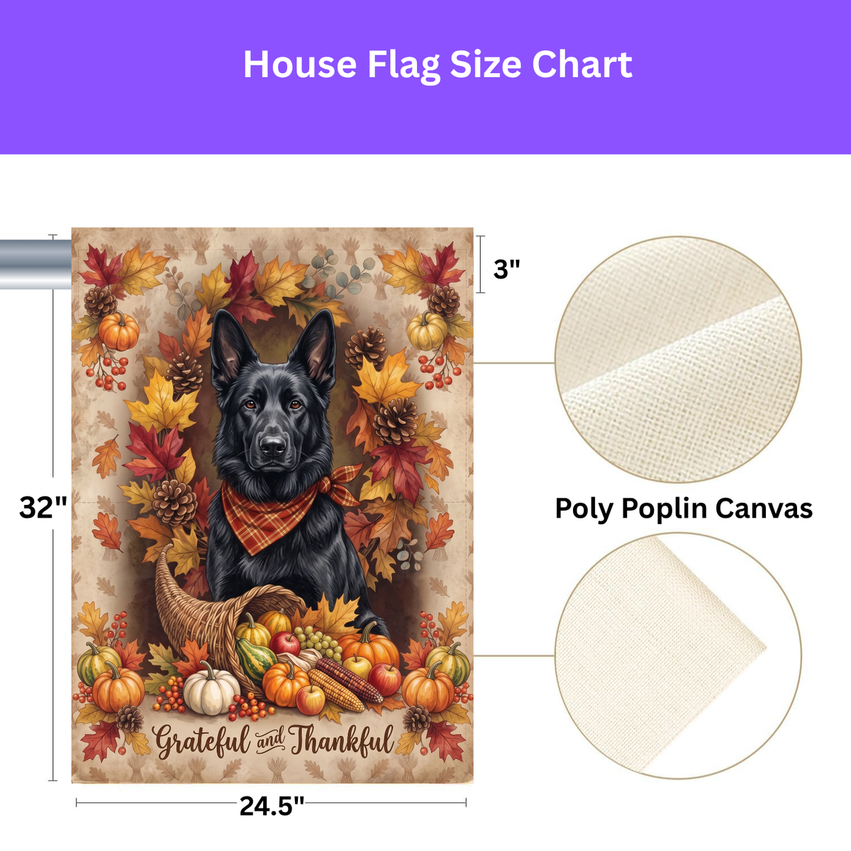 Grateful and Thankful Black German Shepherd garden flag on a stand in a garden bed with orange marigolds and purple flowers
