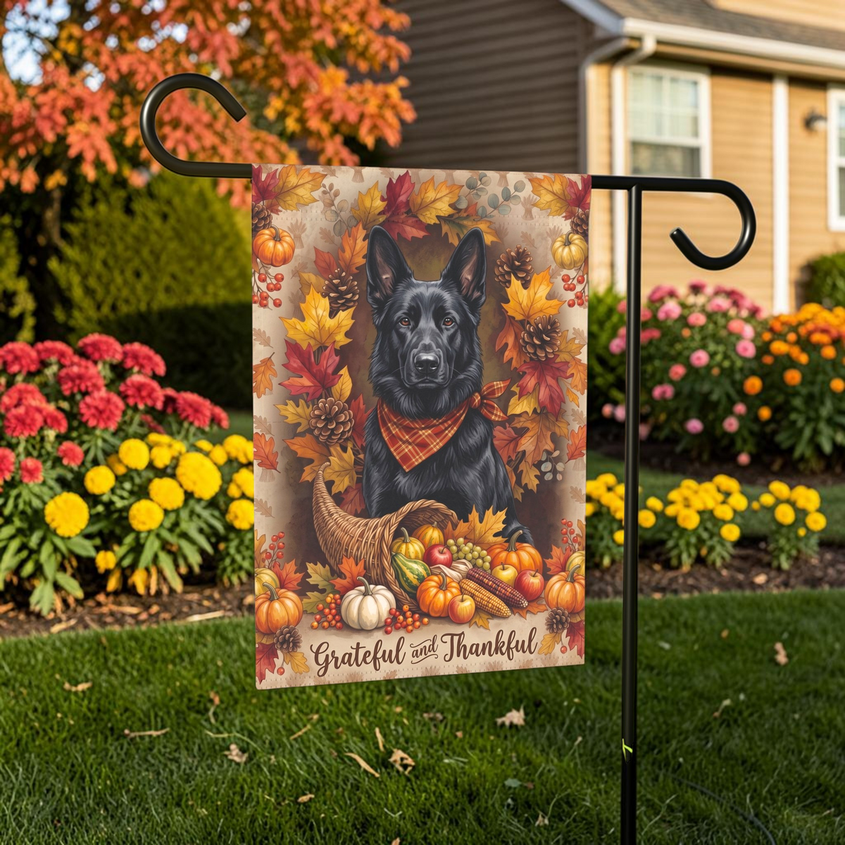 Grateful and Thankful Black German Shepherd Thanksgiving garden flag shown on a stand near a walkway with potted mums