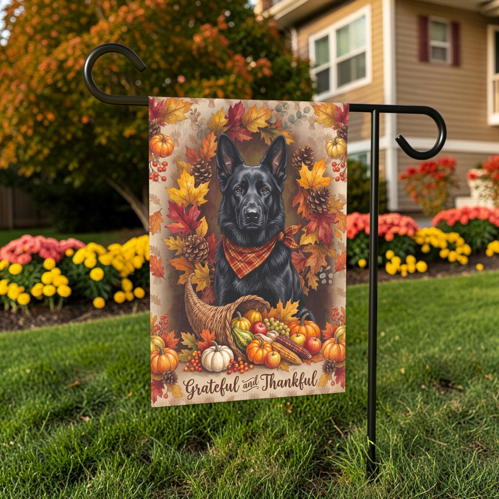 Grateful and Thankful Black German Shepherd garden flag on a stand in front of a house with shutters and a door wreath