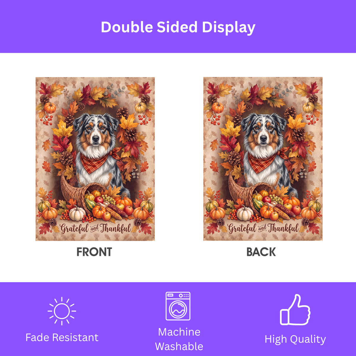 House flag size chart for the Grateful and Thankful Australian Shepherd Garden Flag showing 24.5 inch by 32 inch dimensions with a 3 inch top sleeve