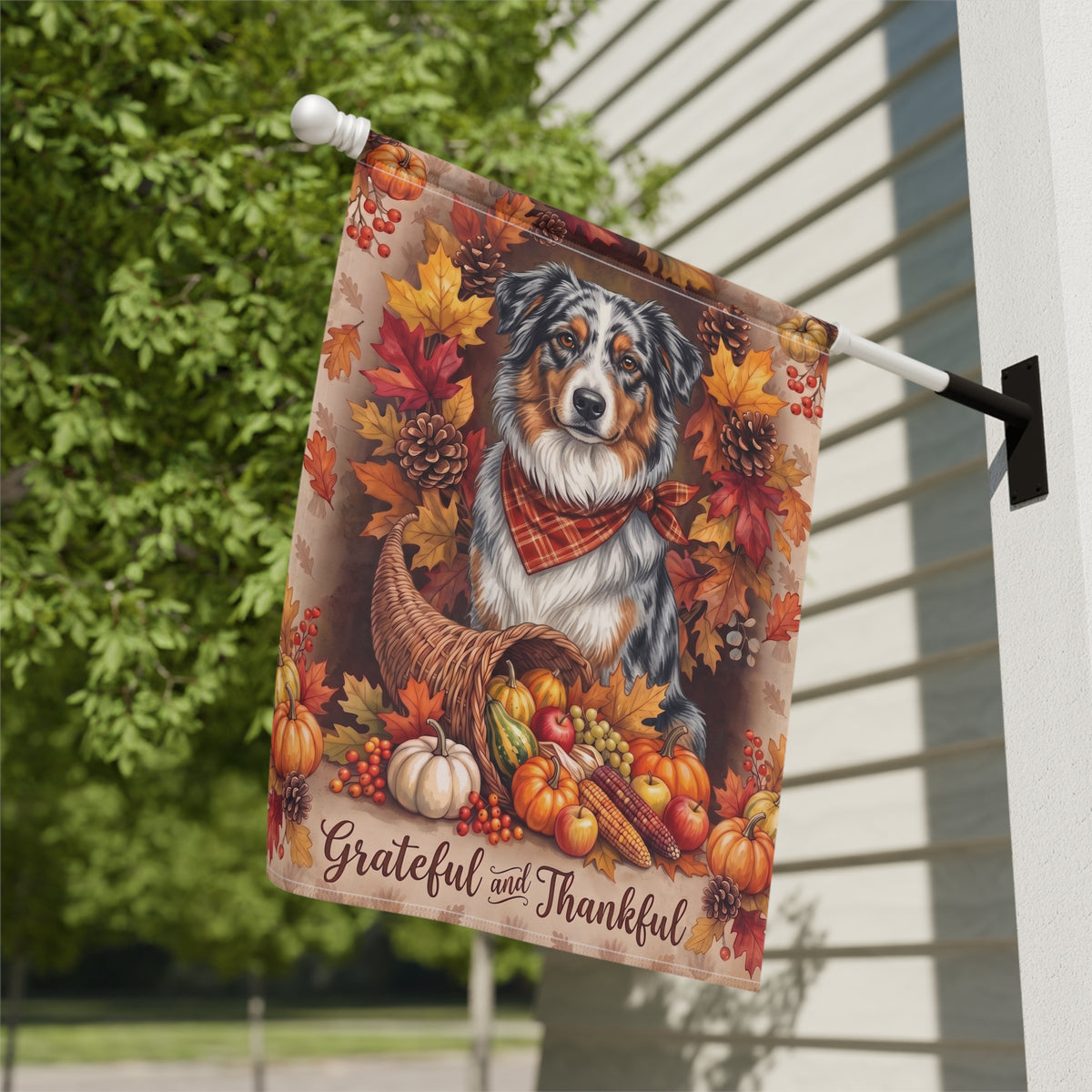 Garden flag size chart for the Grateful and Thankful Australian Shepherd Garden Flag showing 12 inch by 18 inch dimensions with a 1.25 inch top sleeve