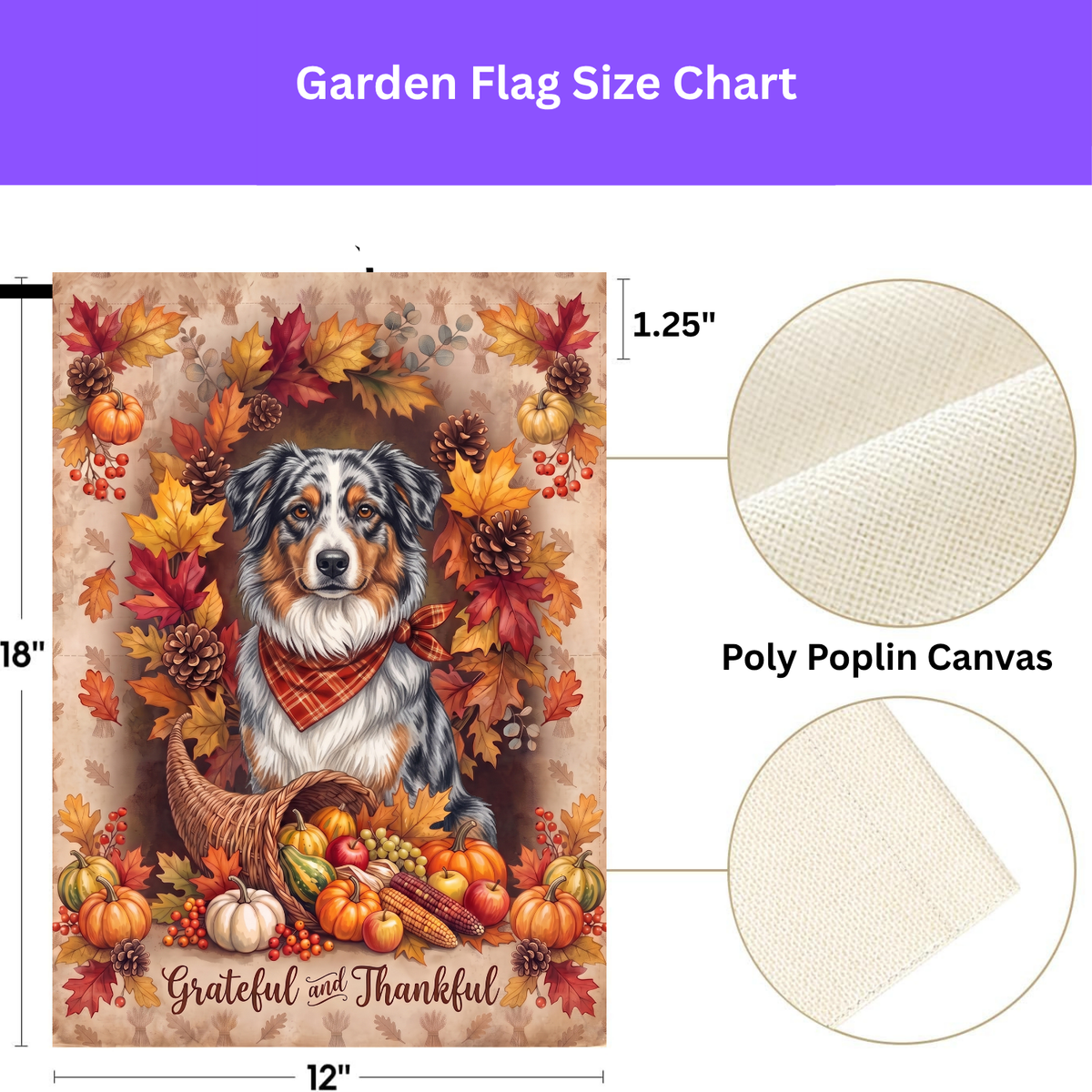 Double-sided display of the Grateful and Thankful Australian Shepherd Garden Flag garden flag showing the identical design on front and back