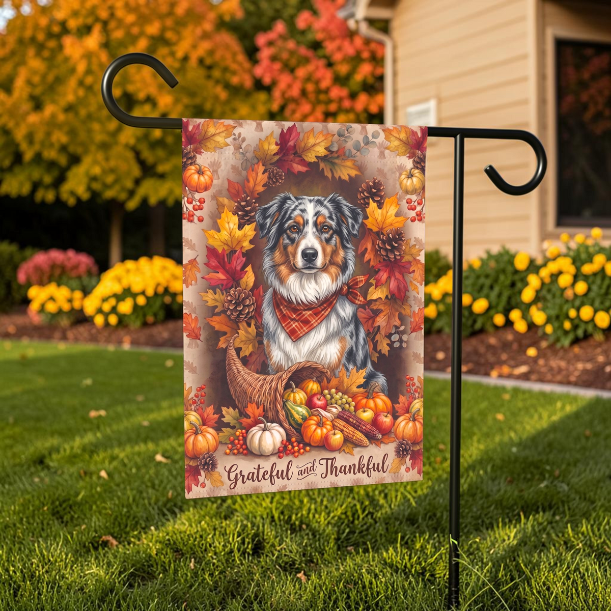 Grateful and Thankful Australian Shepherd Garden Flag Thanksgiving garden flag shown on a stand near a walkway with potted mums