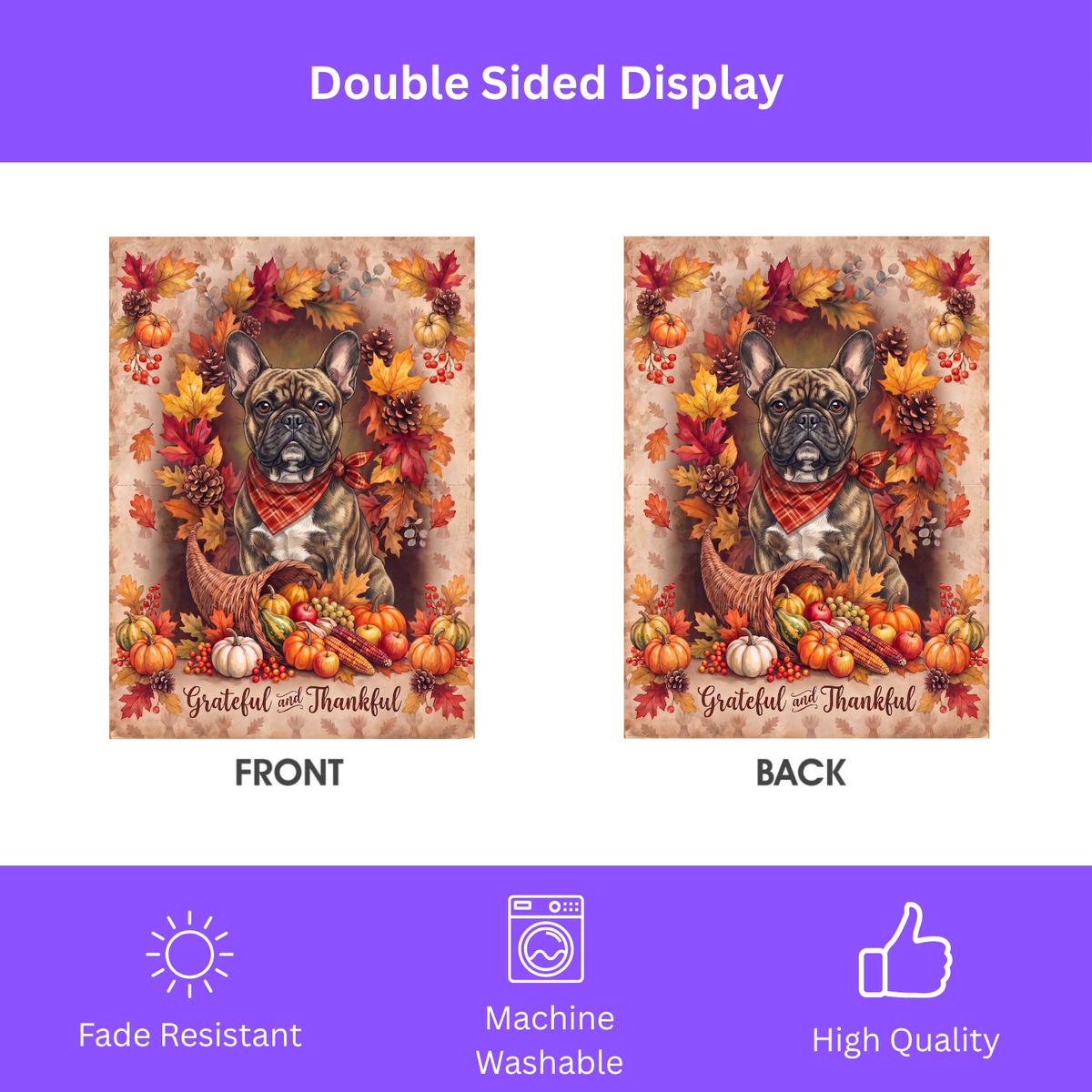House flag size chart for the Grateful And Thankful Brindle French Bulldog showing 24.5 inch by 32 inch dimensions with a 3 inch top sleeve