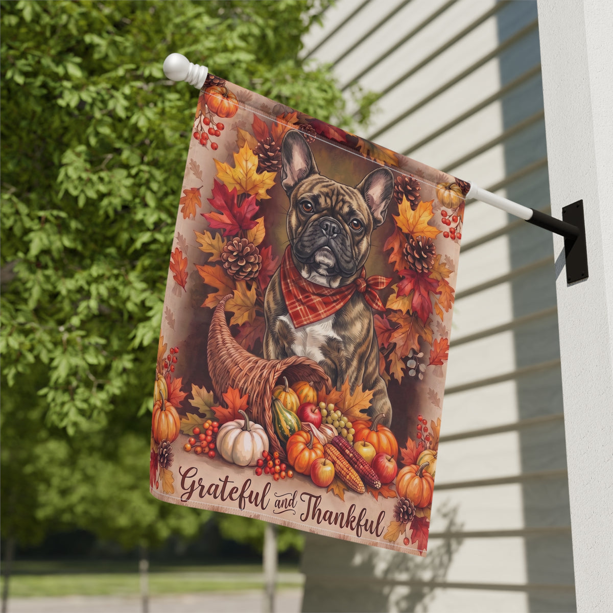 Garden flag size chart for the Grateful And Thankful Brindle French Bulldog showing 12 inch by 18 inch dimensions with a 1.25 inch top sleeve