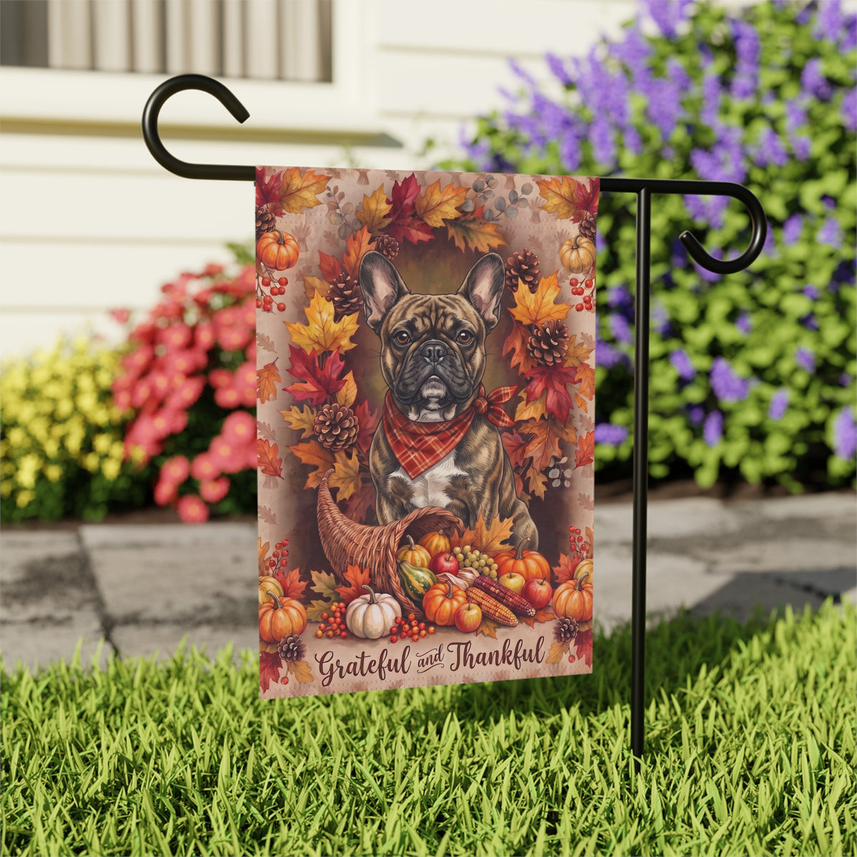 Grateful And Thankful Brindle French Bulldog house flag mounted on a wall bracket at a diagonal angle against a house exterior